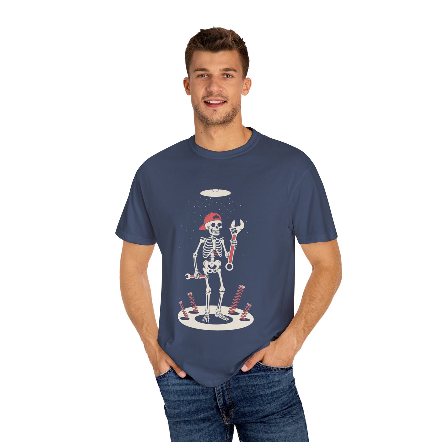 UFO Mechanic Skeleton Tee – Alien Abduction Fixer Shirt