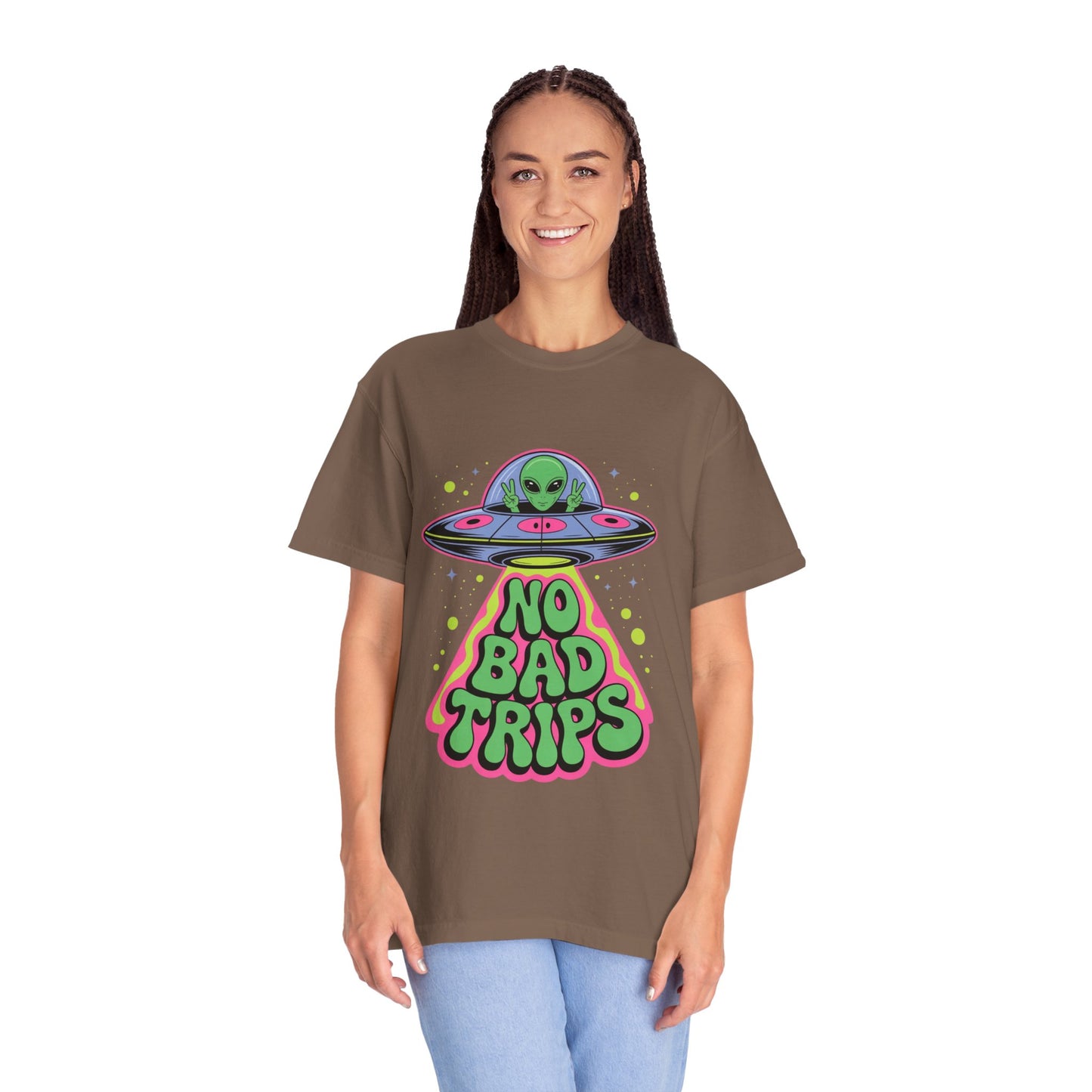 No Bad Trips Alien Tee – Psychedelic UFO Comfort Colors Shirt