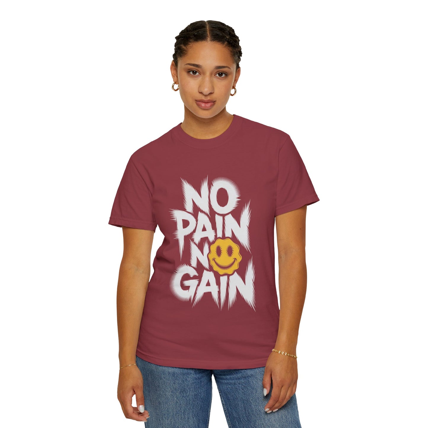 No Pain No Gain Tee – Bold Smiley Face Workout Shirt