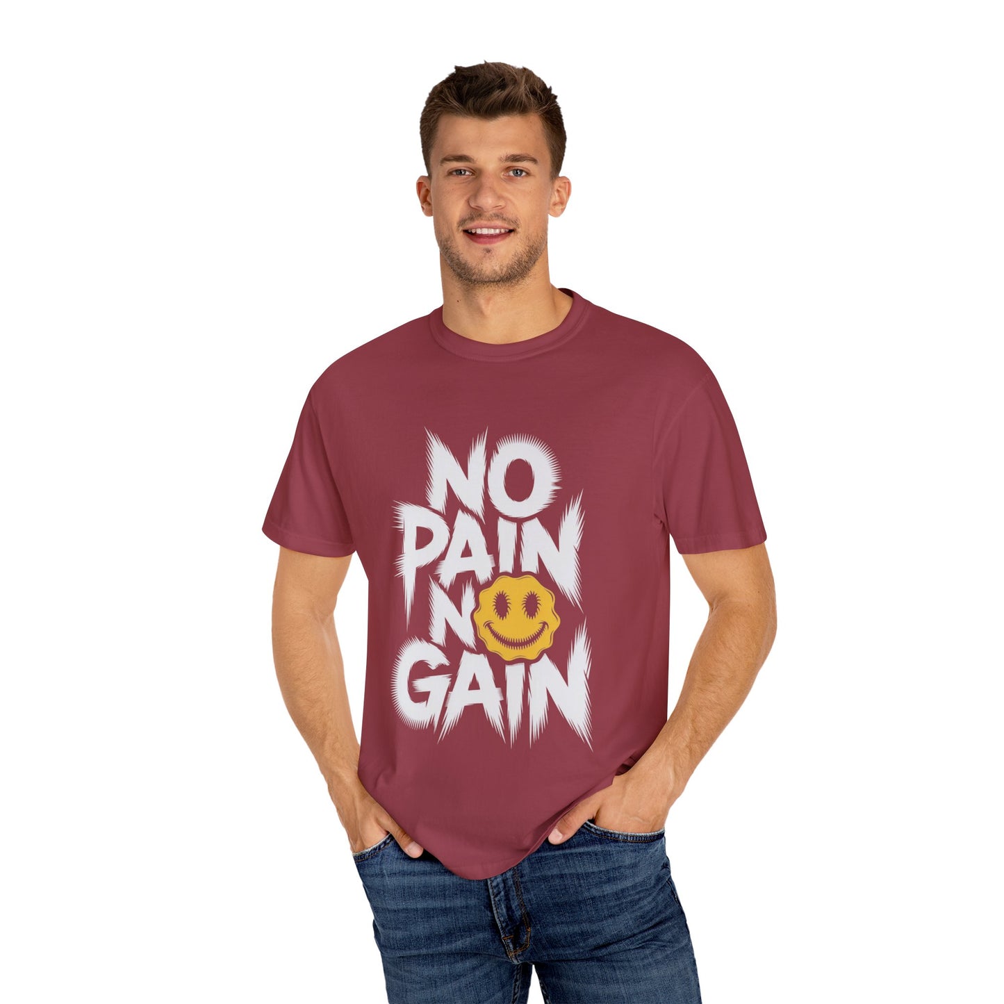 No Pain No Gain Tee – Bold Smiley Face Workout Shirt