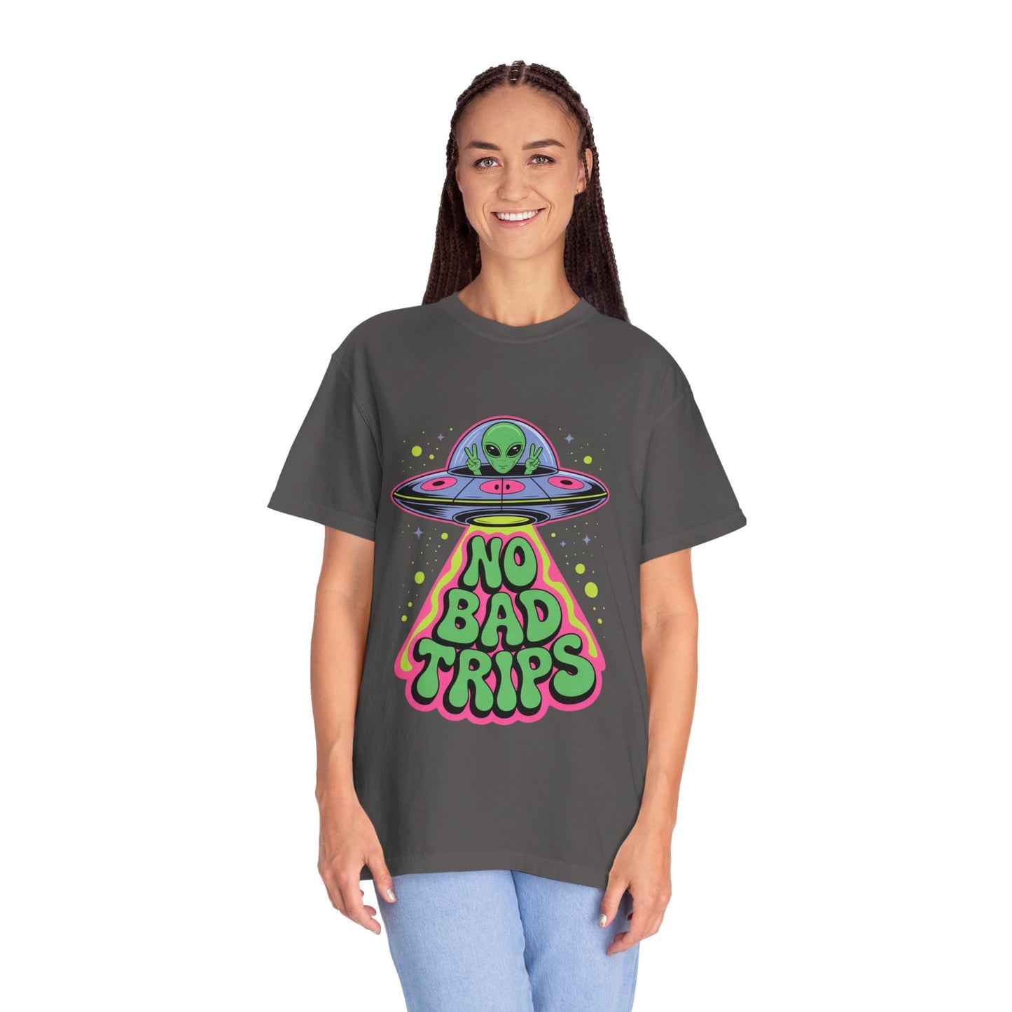 No Bad Trips Alien Tee – Psychedelic UFO Comfort Colors Shirt