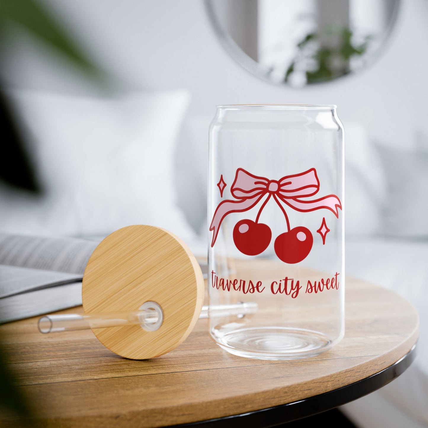 Traverse City Sweet Glass Cup โ Cherry & Pink Bow Iced Coffee Cup for Women, Bachelorette & Michigan Gift