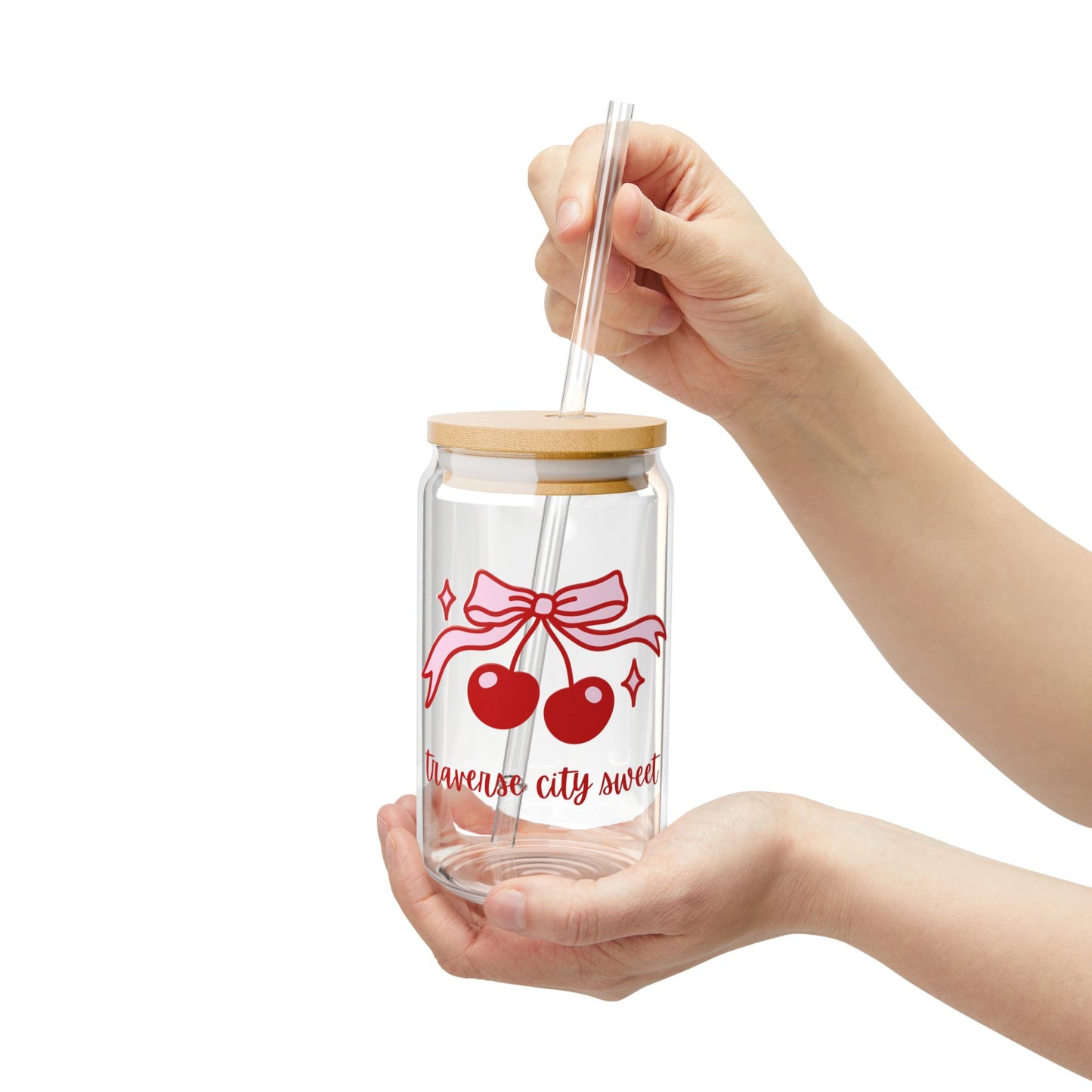 Traverse City Sweet Glass Cup โ Cherry & Pink Bow Iced Coffee Cup for Women, Bachelorette & Michigan Gift