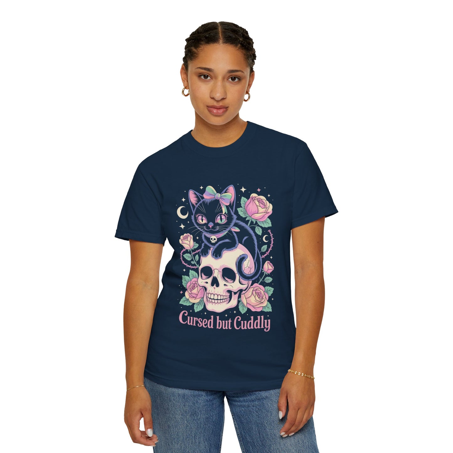 Cursed but Cuddly Cat Tee – Pastel Goth Black Cat T-Shirt