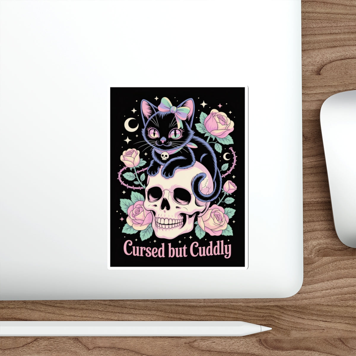 Cursed but Cuddly Cat Sticker – Die-Cut Vinyl Sticker