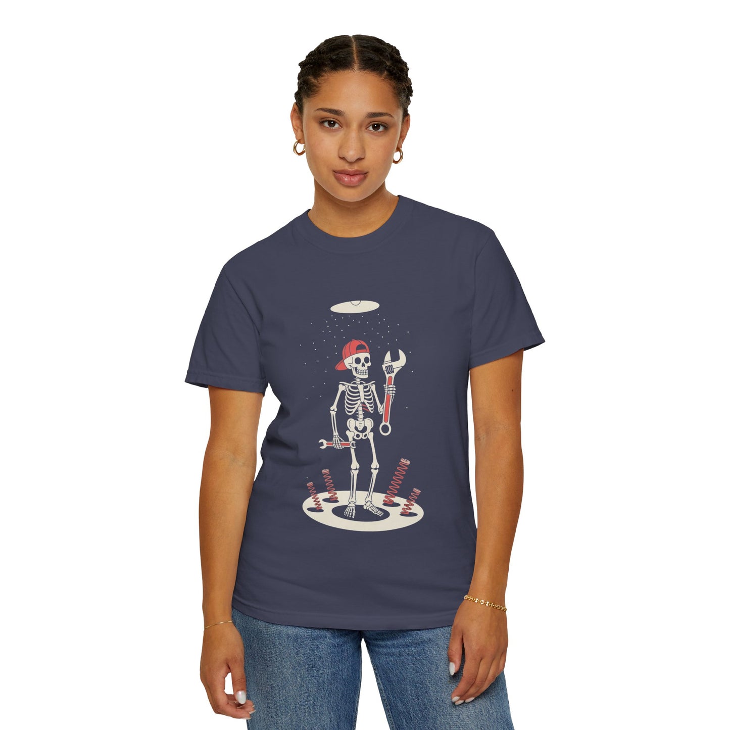 UFO Mechanic Skeleton Tee – Alien Abduction Fixer Shirt