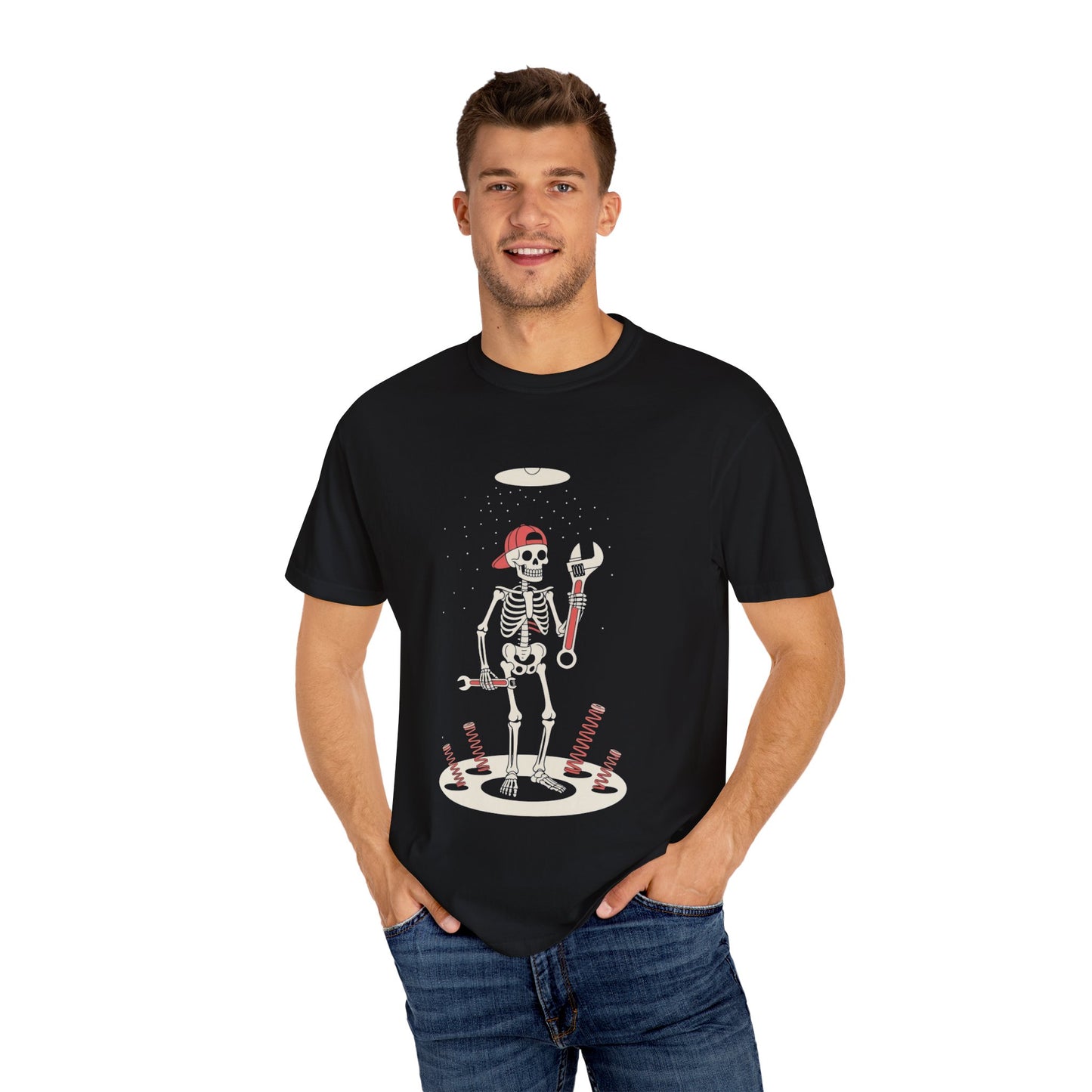 UFO Mechanic Skeleton Tee – Alien Abduction Fixer Shirt