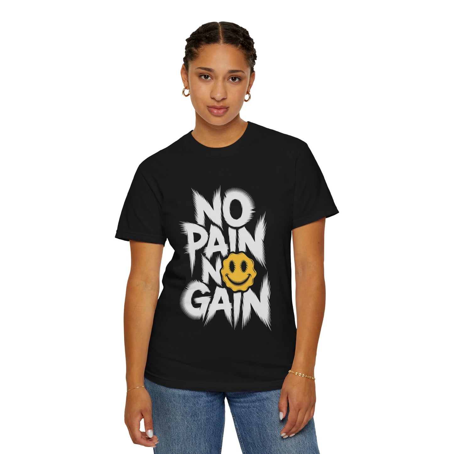 No Pain No Gain Tee – Bold Smiley Face Workout Shirt