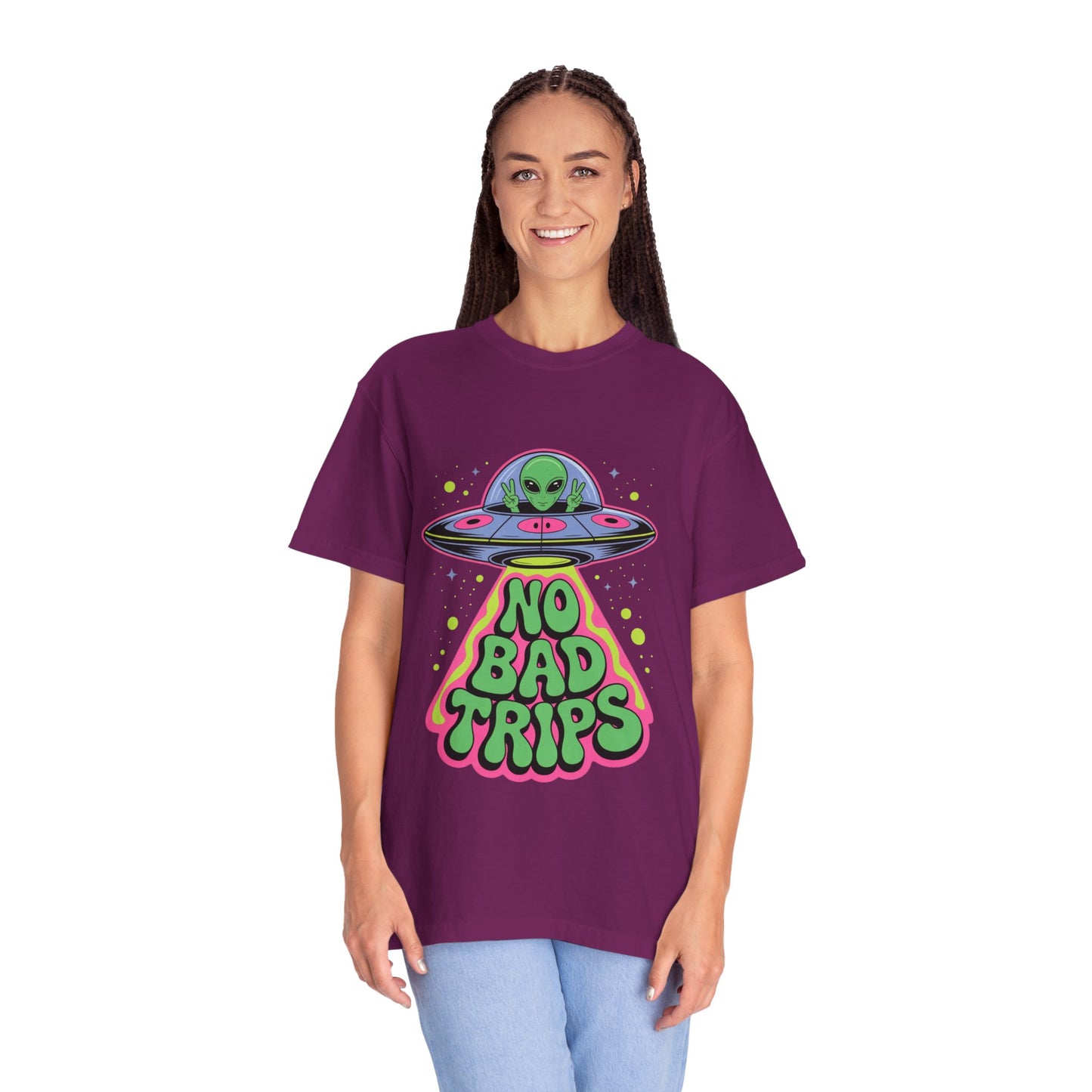 No Bad Trips Alien Tee – Psychedelic UFO Comfort Colors Shirt