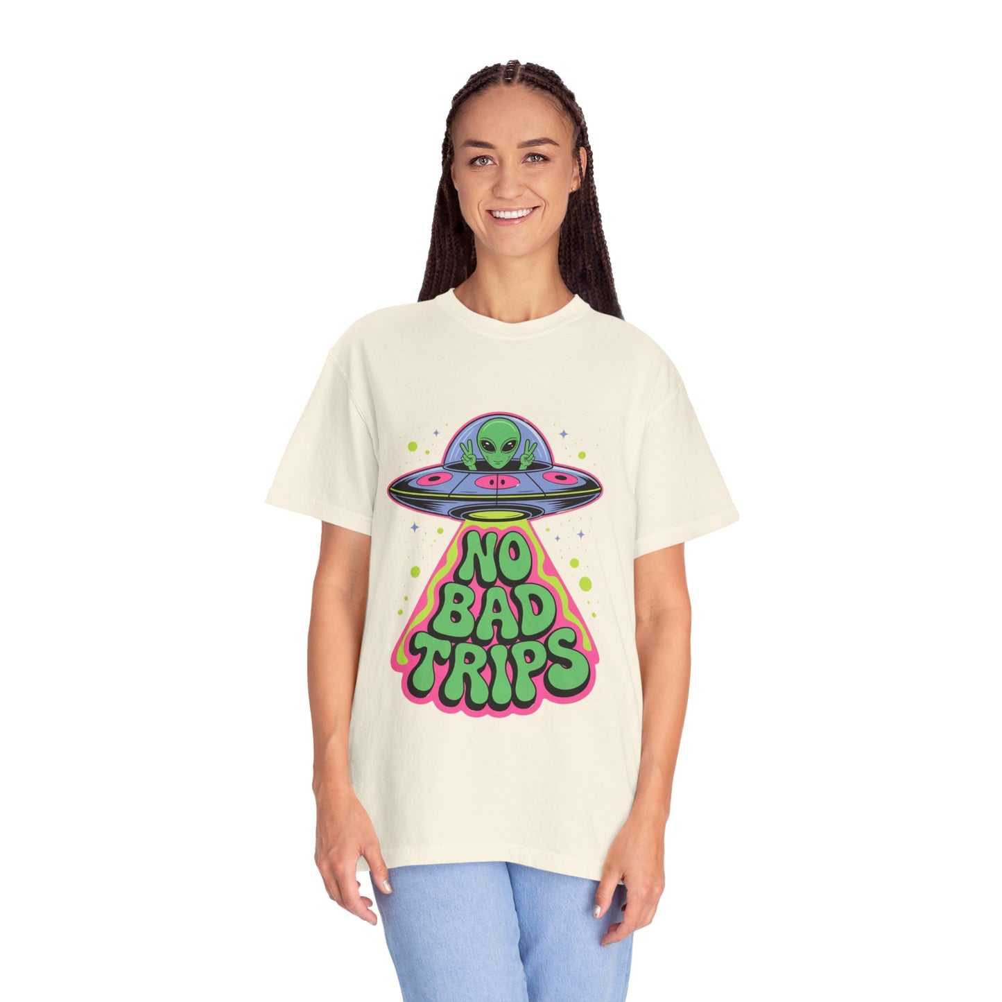 No Bad Trips Alien Tee – Psychedelic UFO Comfort Colors Shirt