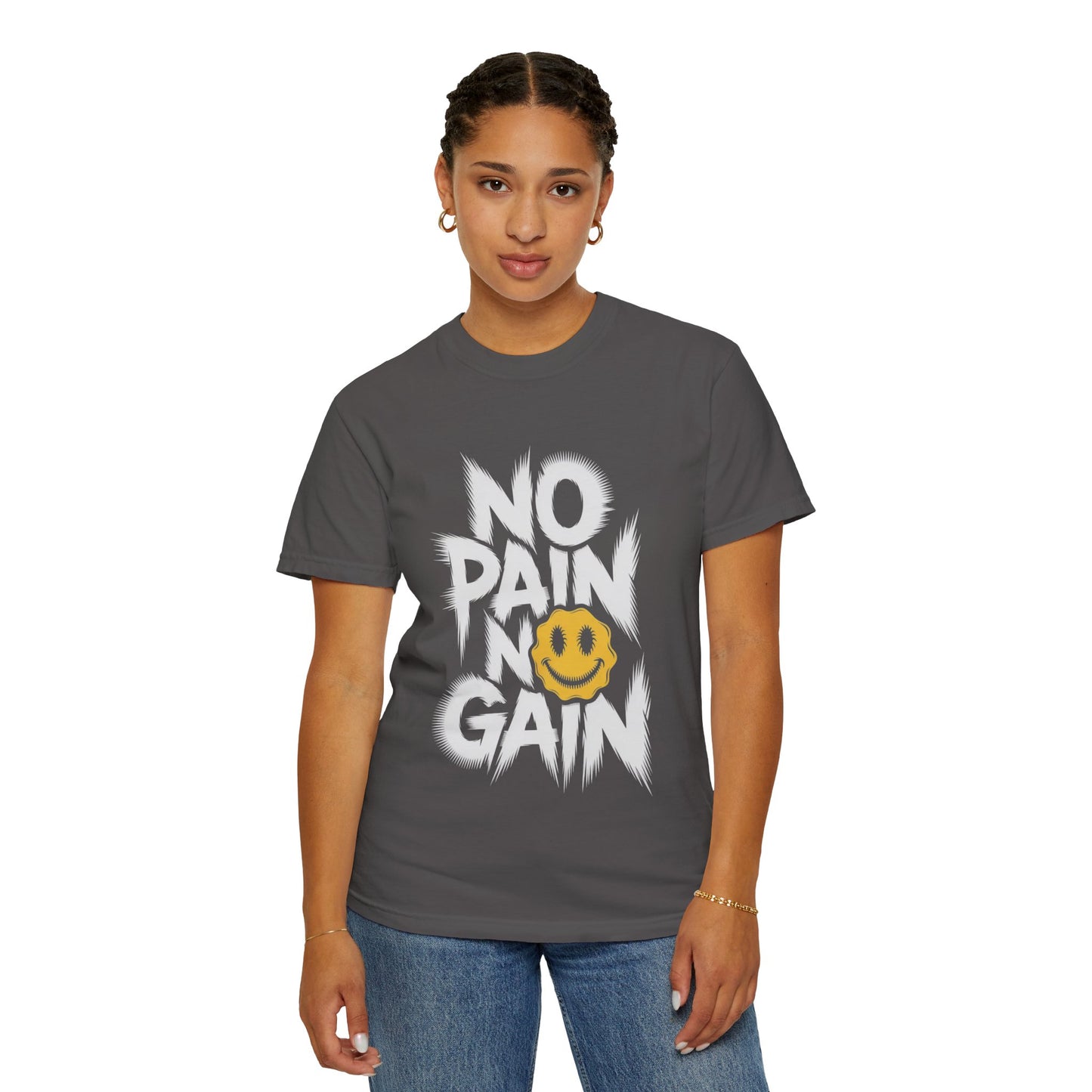 No Pain No Gain Tee – Bold Smiley Face Workout Shirt