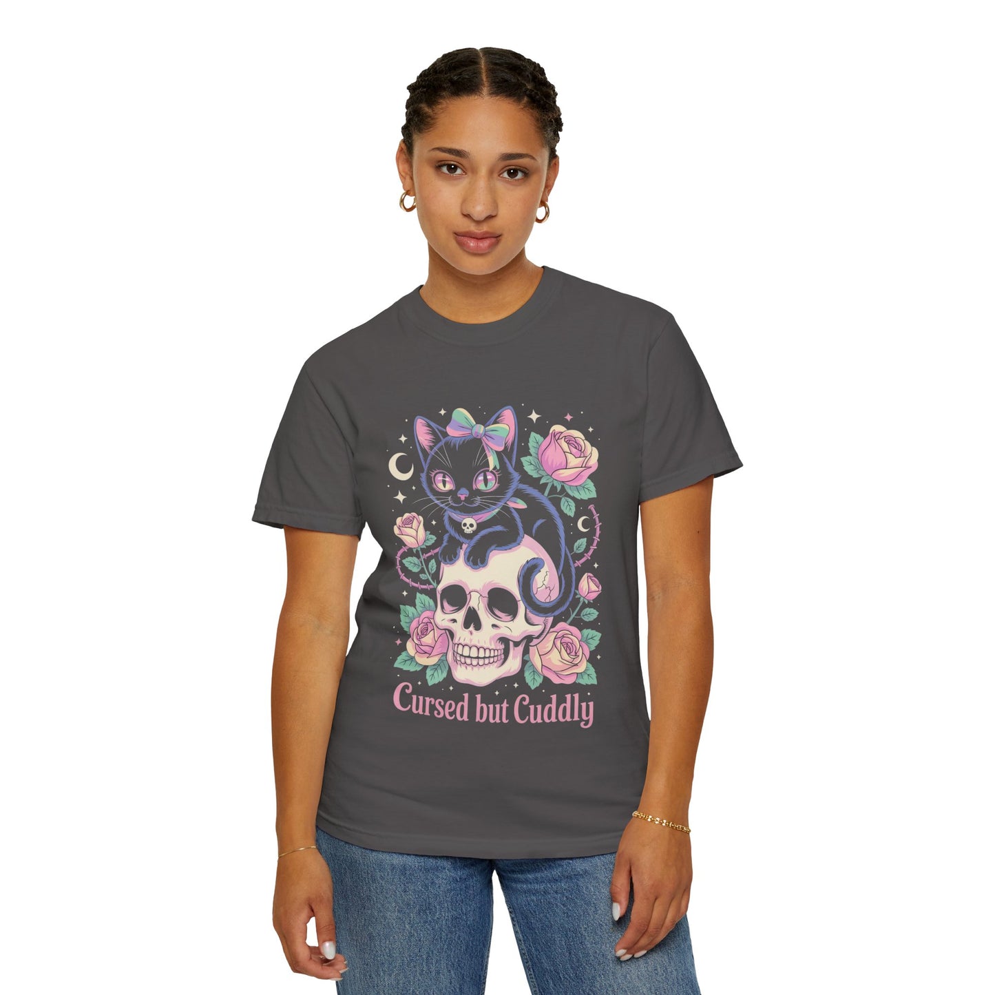 Cursed but Cuddly Cat Tee – Pastel Goth Black Cat T-Shirt