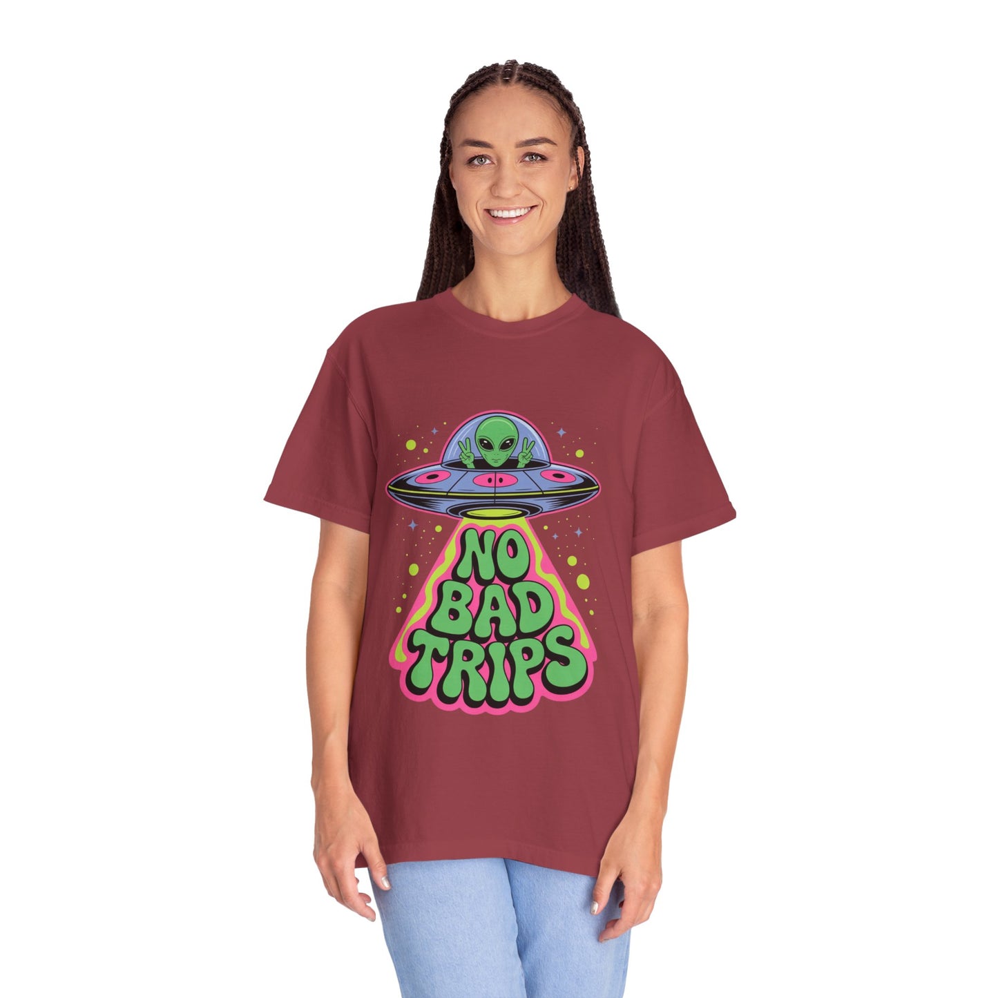 No Bad Trips Alien Tee – Psychedelic UFO Comfort Colors Shirt