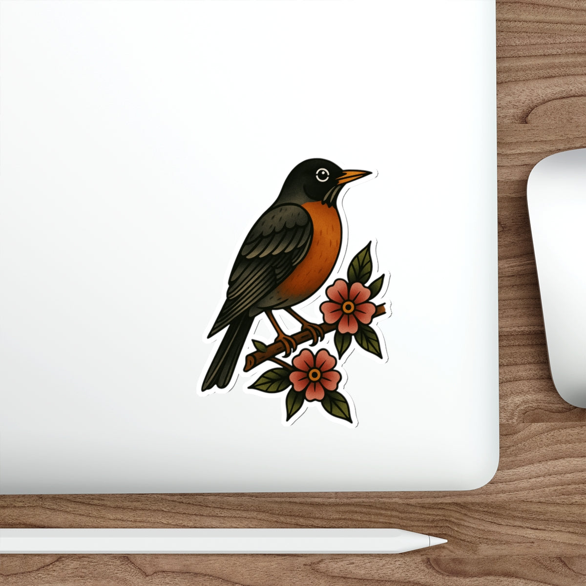 Robin and Flowers Tattoo Sticker – Traditional Bird Vinyl Decal