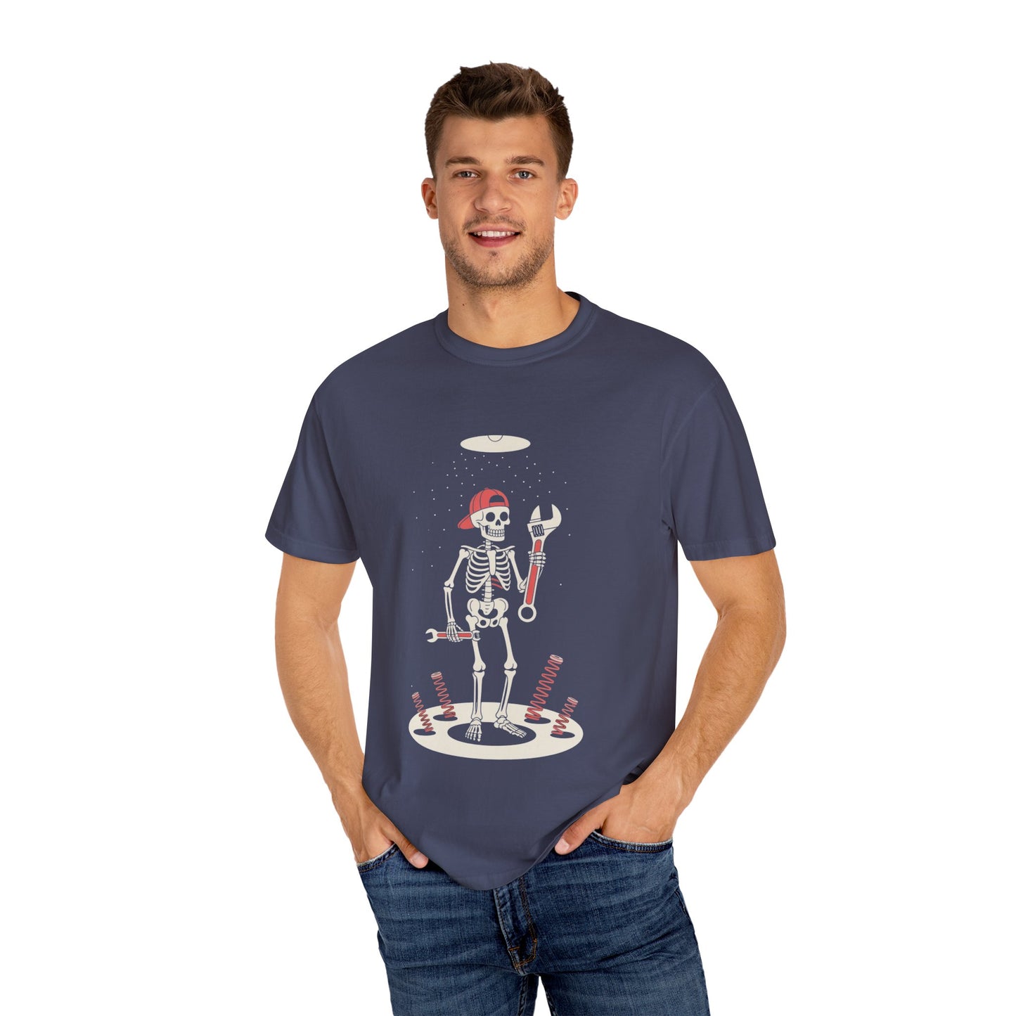 UFO Mechanic Skeleton Tee – Alien Abduction Fixer Shirt