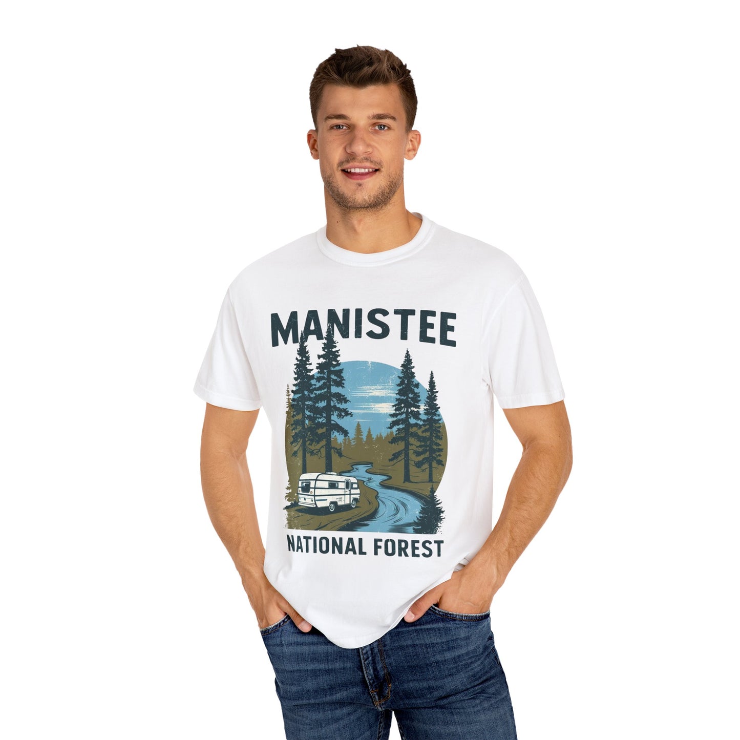 Manistee National Forest RV T-Shirt β Unisex Michigan Camping Tee with Trees & Camper Van Design