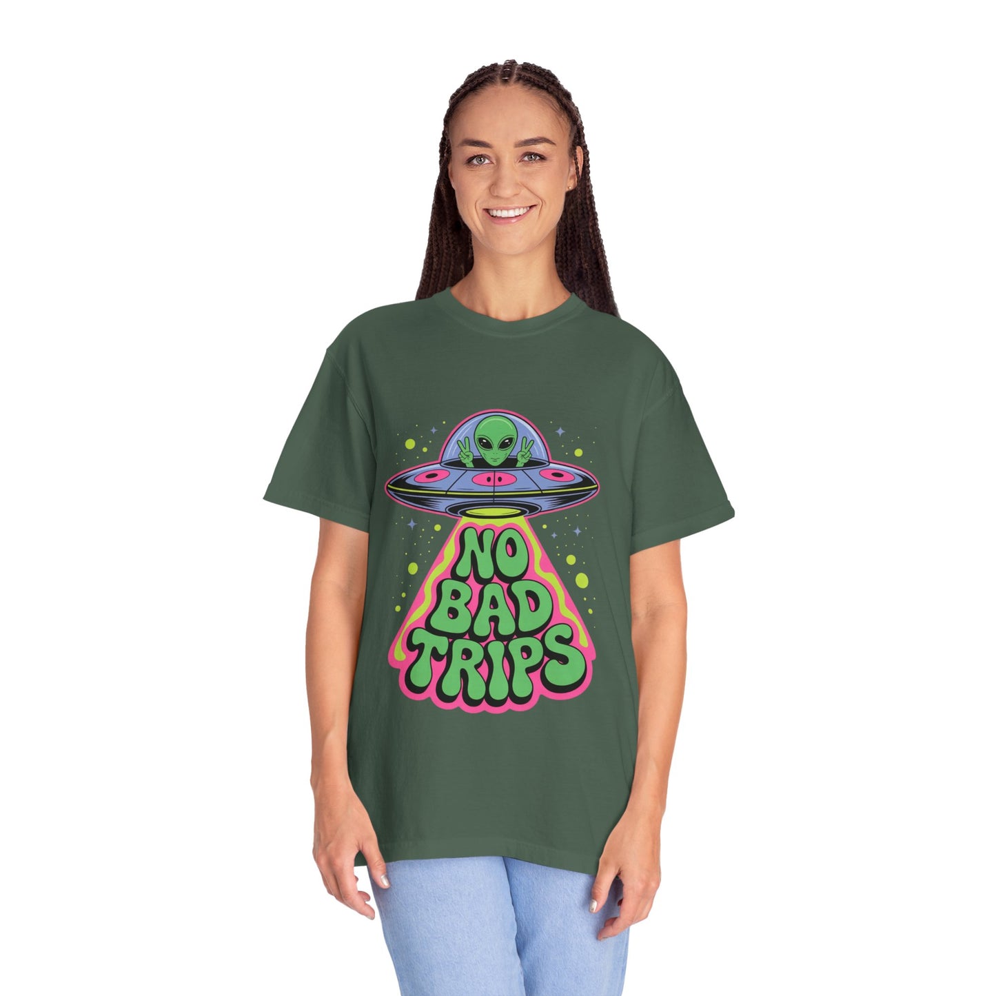 No Bad Trips Alien Tee – Psychedelic UFO Comfort Colors Shirt