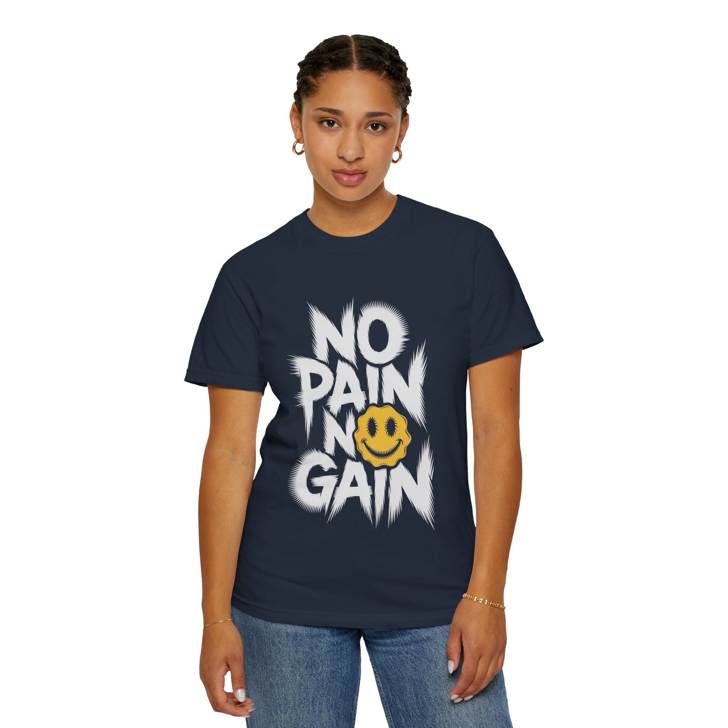 No Pain No Gain Tee – Bold Smiley Face Workout Shirt