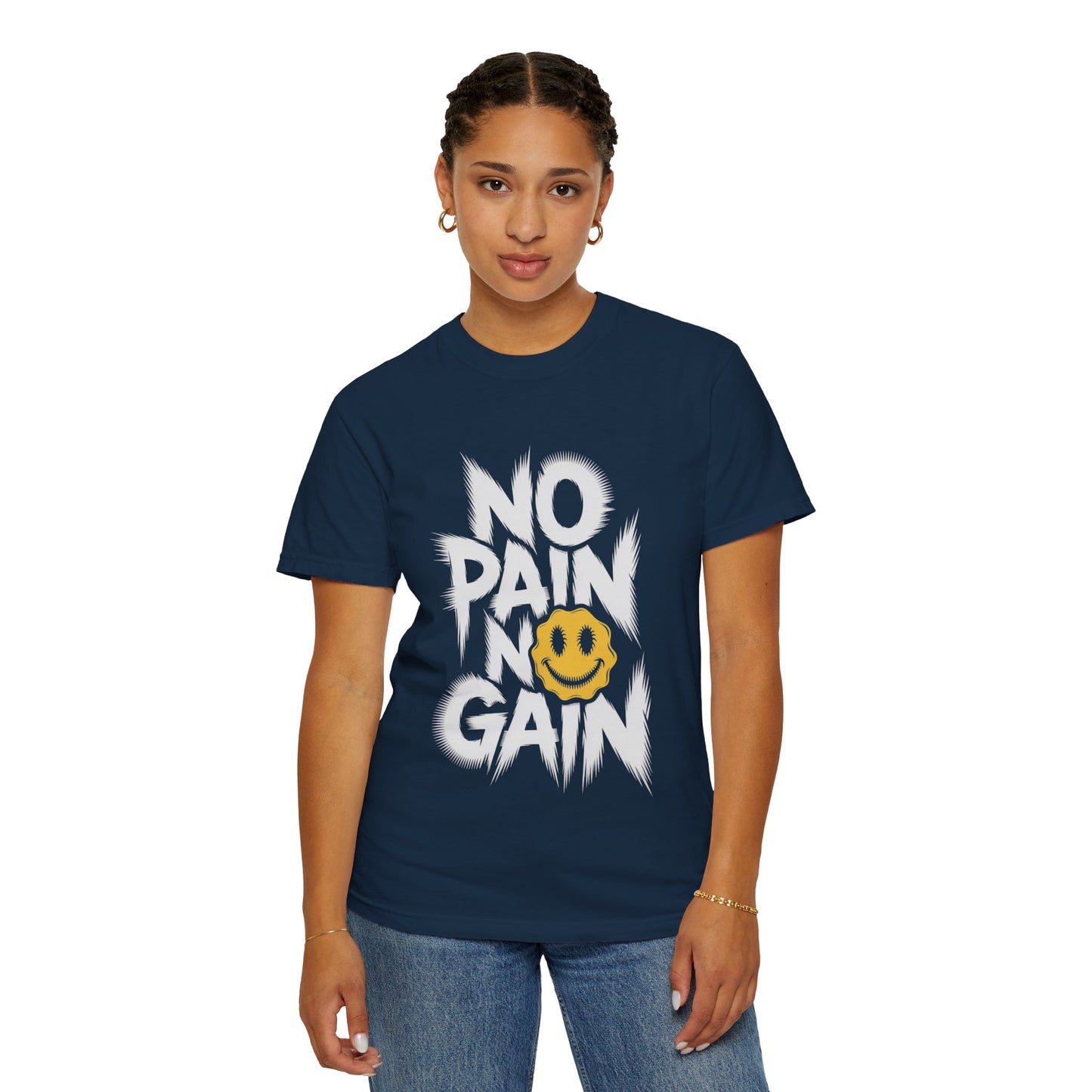 No Pain No Gain Tee – Bold Smiley Face Workout Shirt