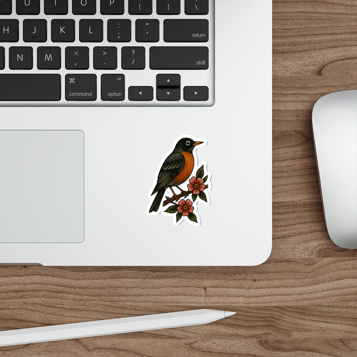 Robin and Flowers Tattoo Sticker – Traditional Bird Vinyl Decal