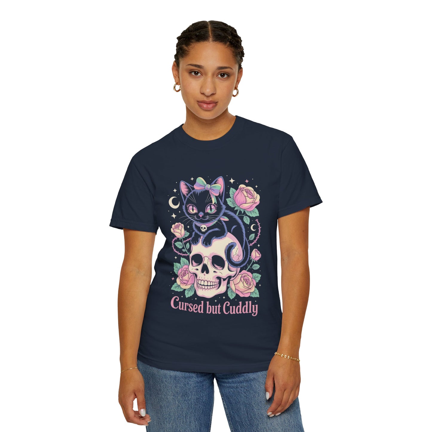 Cursed but Cuddly Cat Tee – Pastel Goth Black Cat T-Shirt