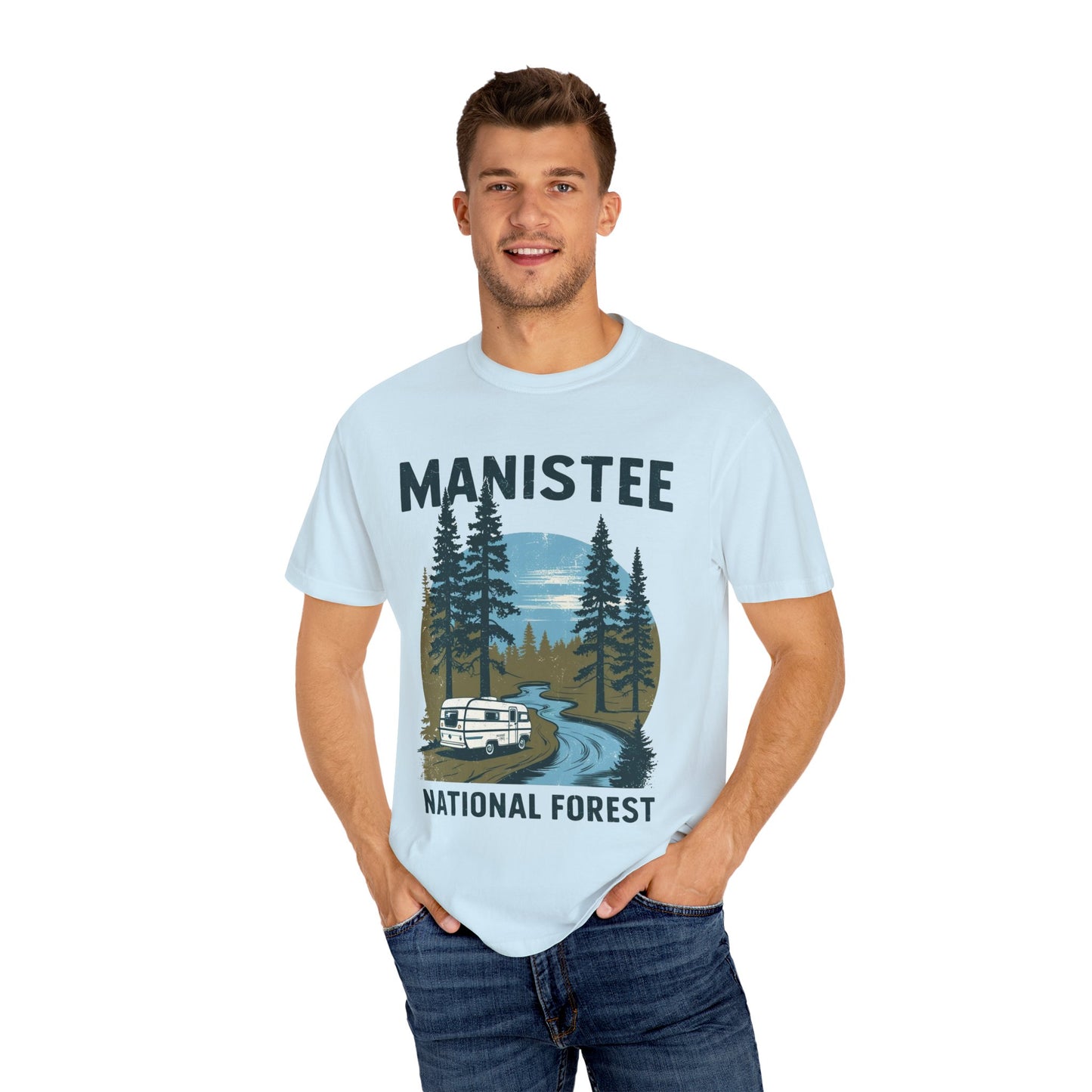 Manistee National Forest RV T-Shirt β Unisex Michigan Camping Tee with Trees & Camper Van Design