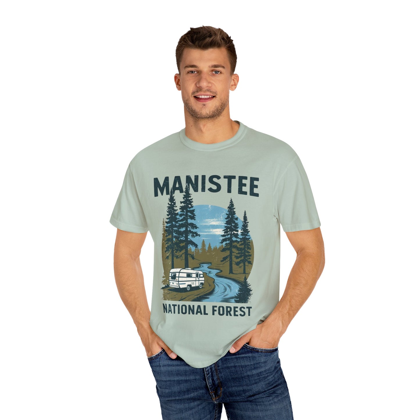 Manistee National Forest RV T-Shirt β Unisex Michigan Camping Tee with Trees & Camper Van Design