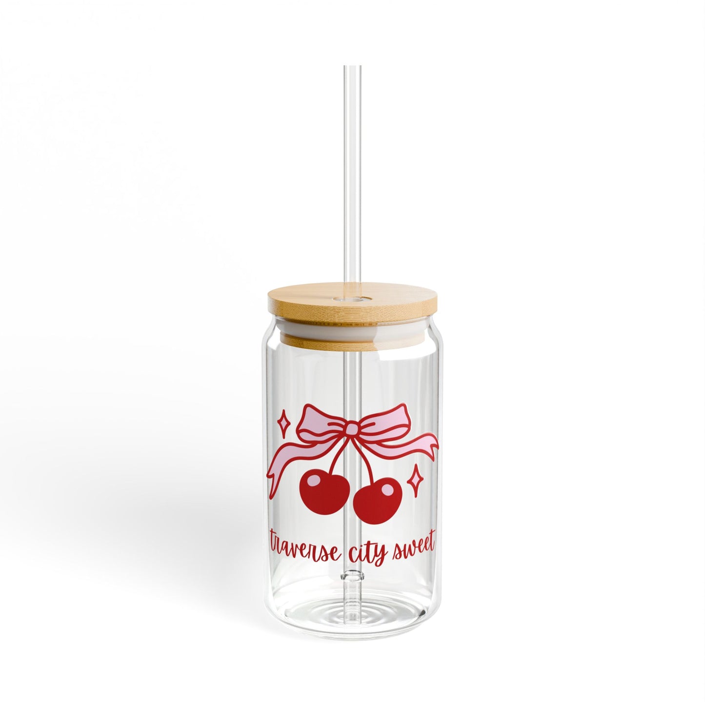 Traverse City Sweet Glass Cup โ Cherry & Pink Bow Iced Coffee Cup for Women, Bachelorette & Michigan Gift