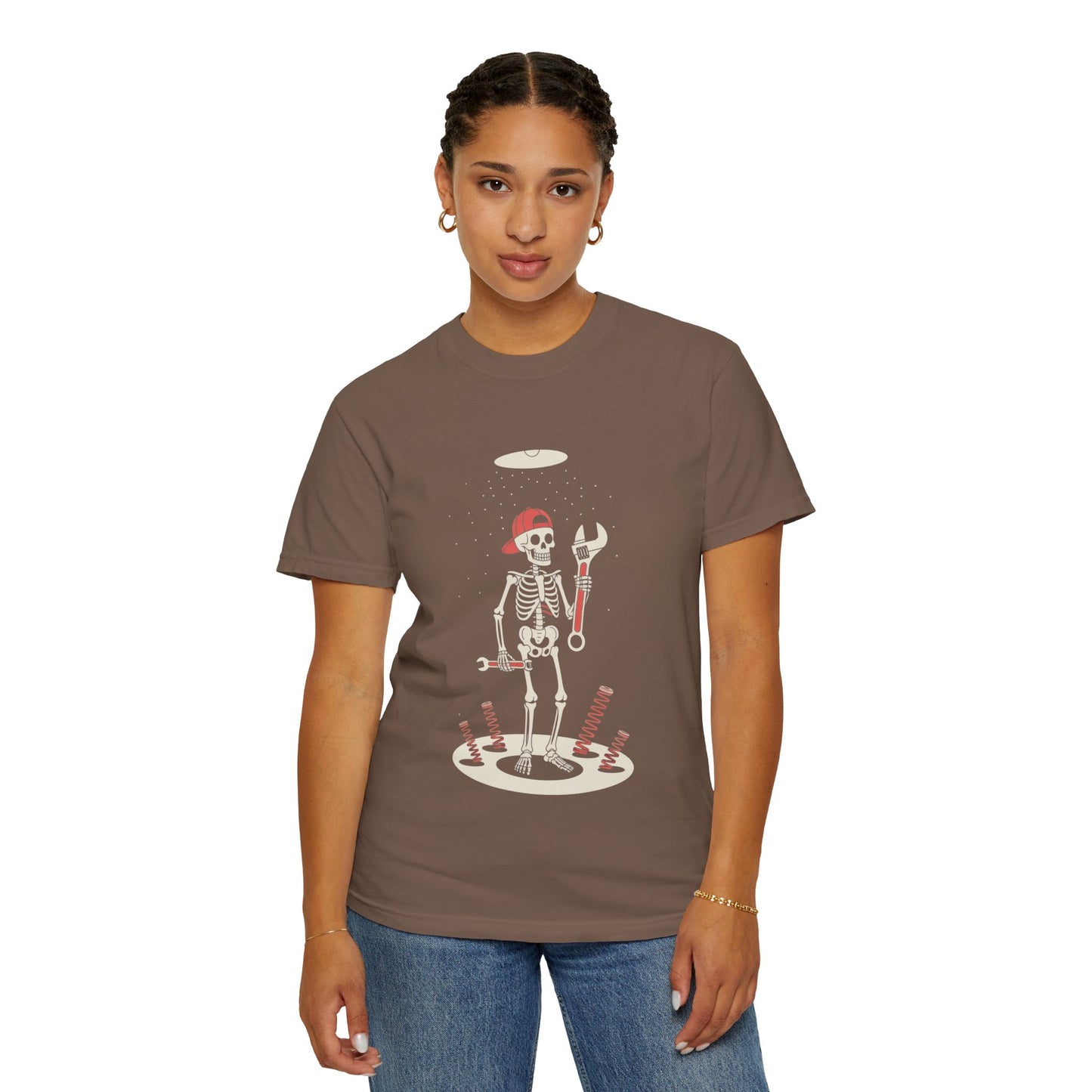 UFO Mechanic Skeleton Tee – Alien Abduction Fixer Shirt