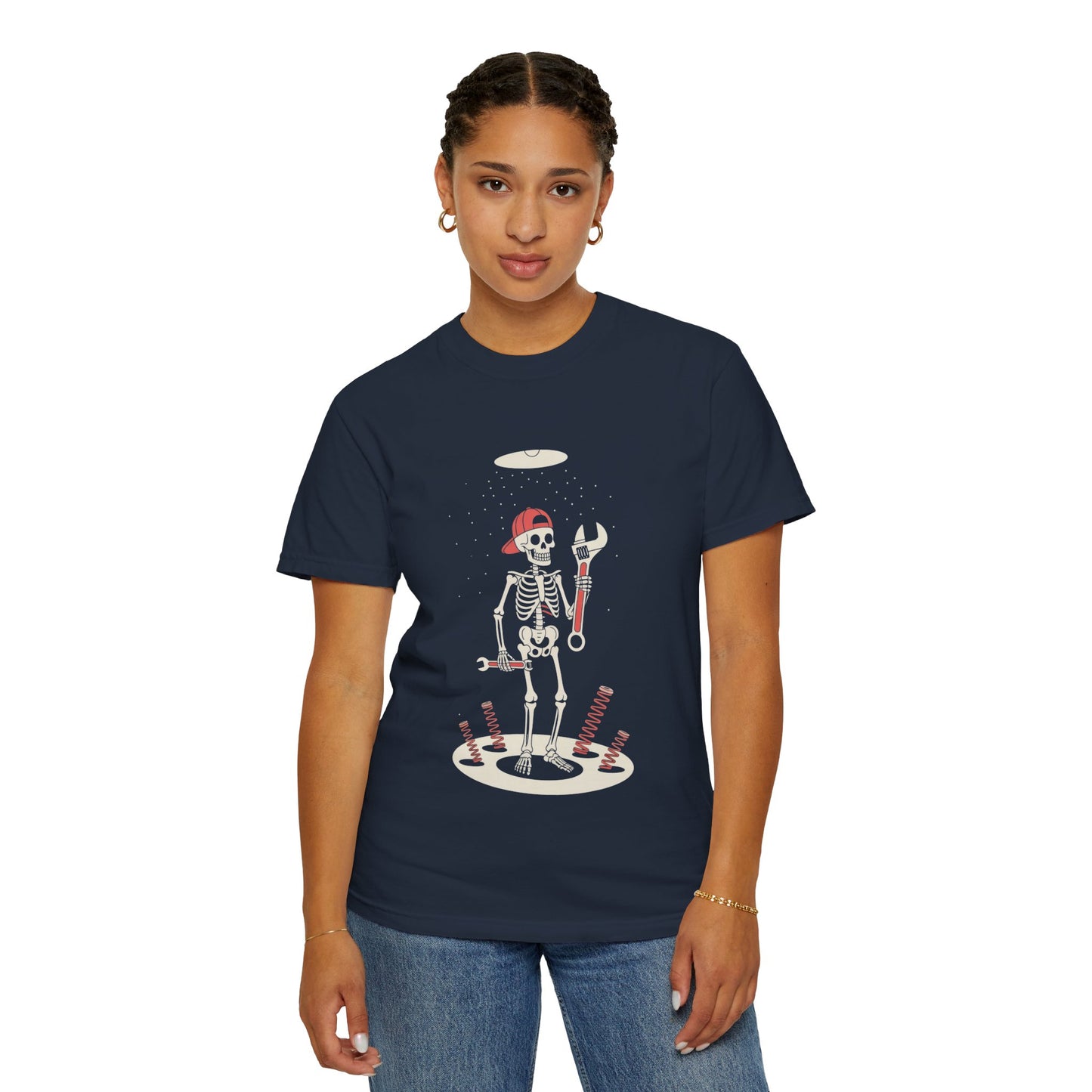 UFO Mechanic Skeleton Tee – Alien Abduction Fixer Shirt