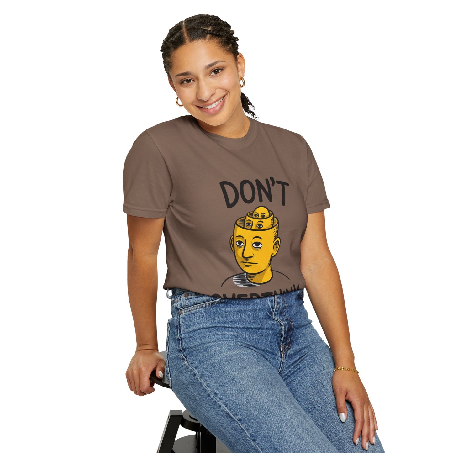 Don’t Overthink It Tee – Surreal Head Illustration Shirt