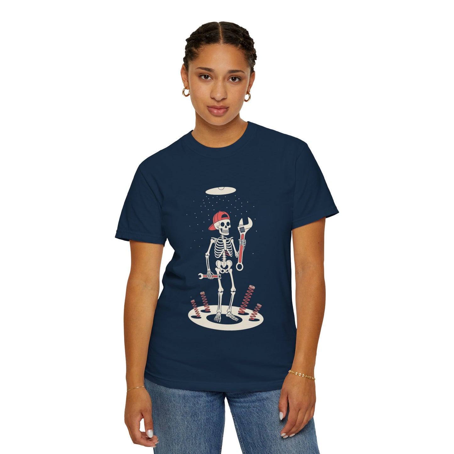 UFO Mechanic Skeleton Tee – Alien Abduction Fixer Shirt