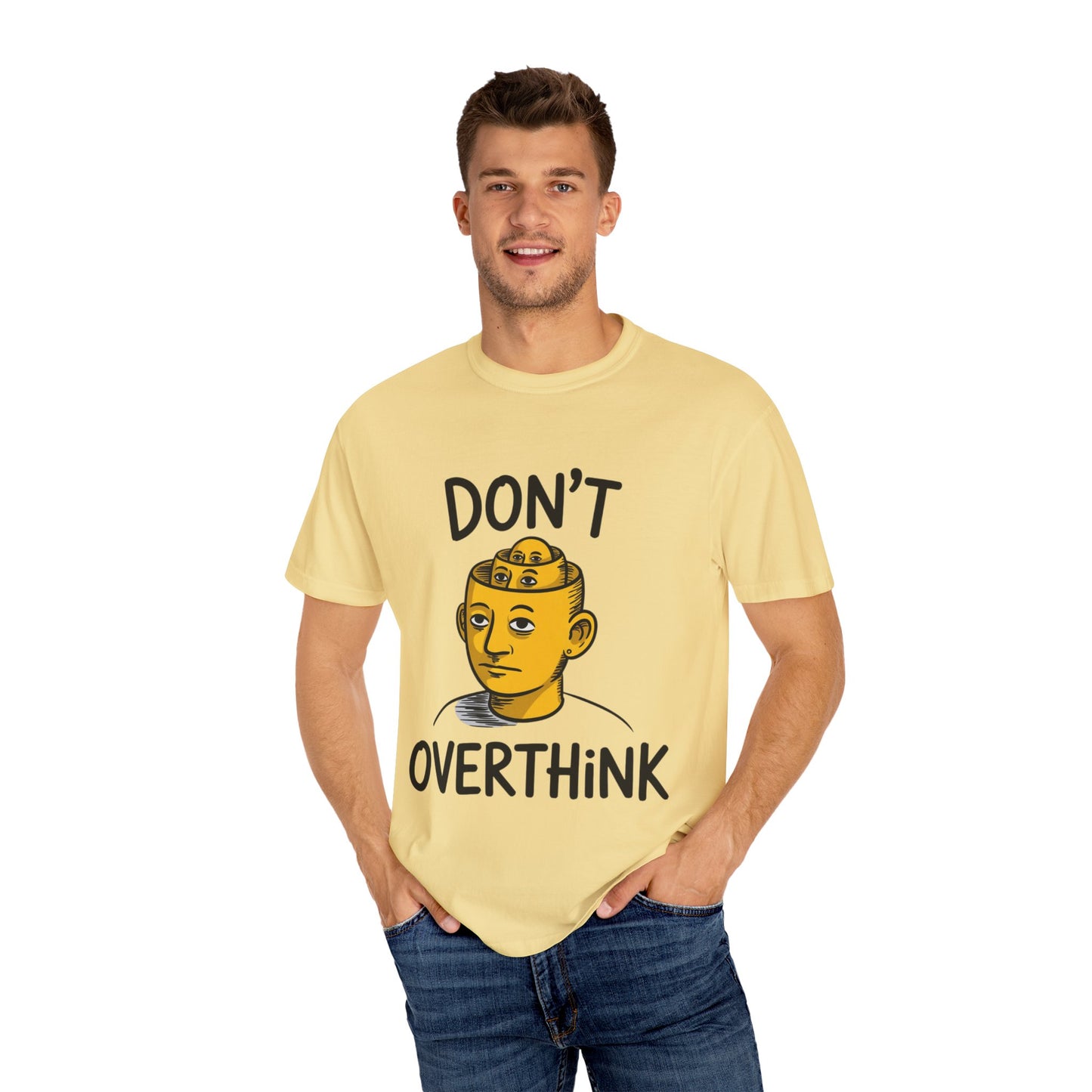 Don’t Overthink It Tee – Surreal Head Illustration Shirt
