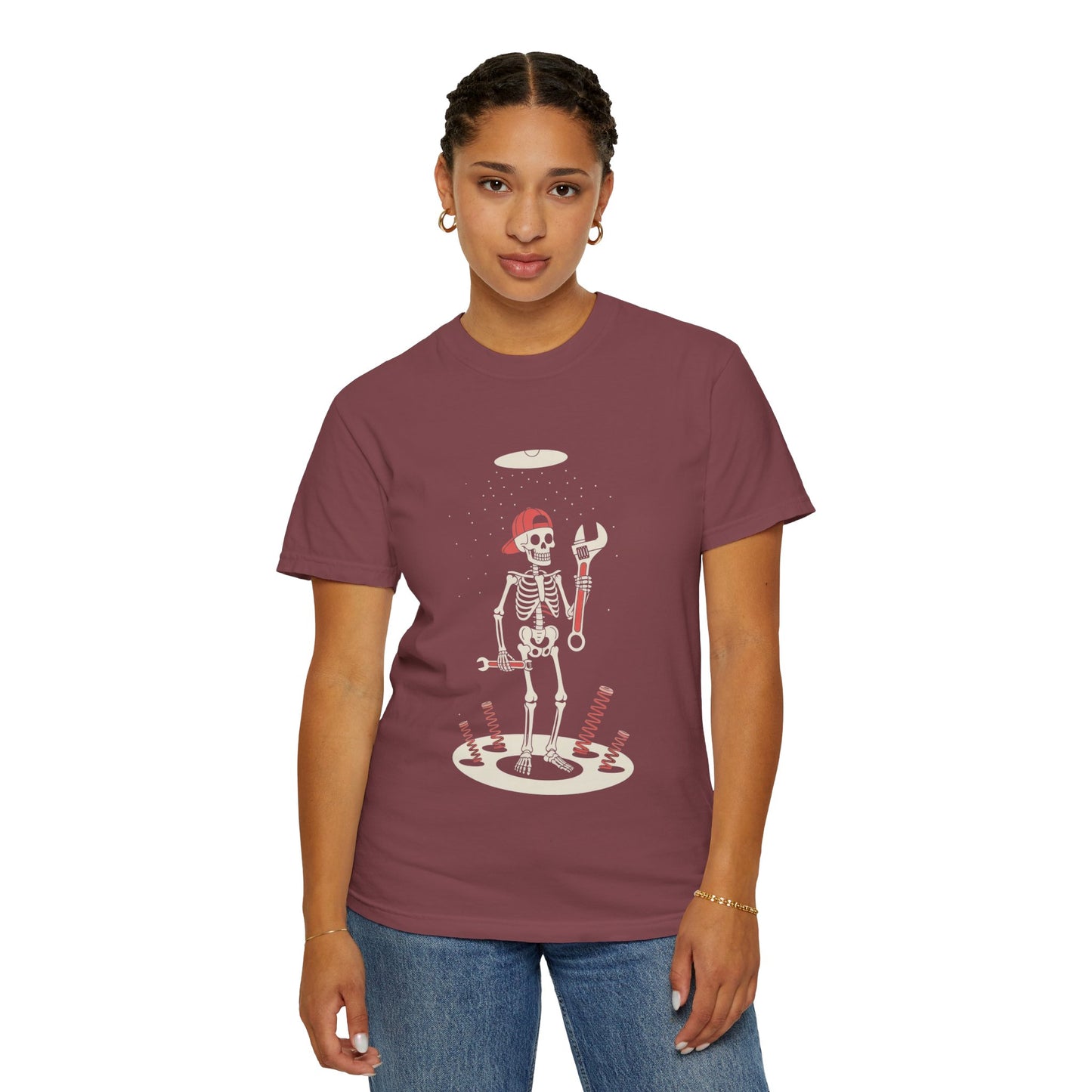 UFO Mechanic Skeleton Tee – Alien Abduction Fixer Shirt