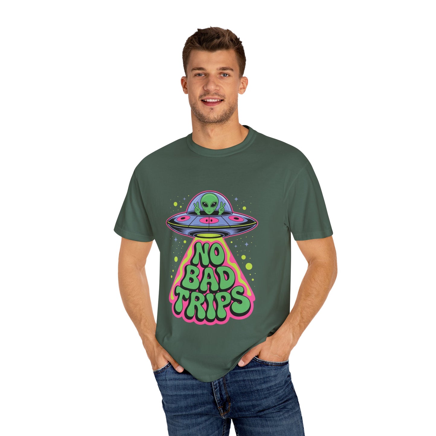 No Bad Trips Alien Tee – Psychedelic UFO Comfort Colors Shirt
