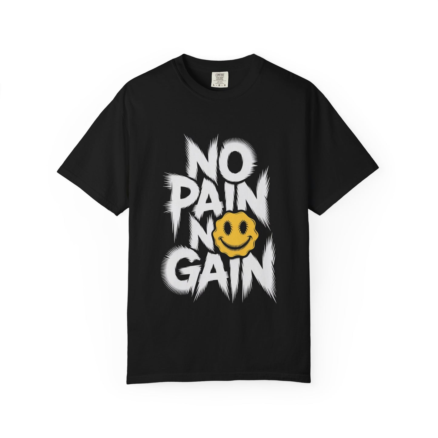 No Pain No Gain Tee – Bold Smiley Face Workout Shirt