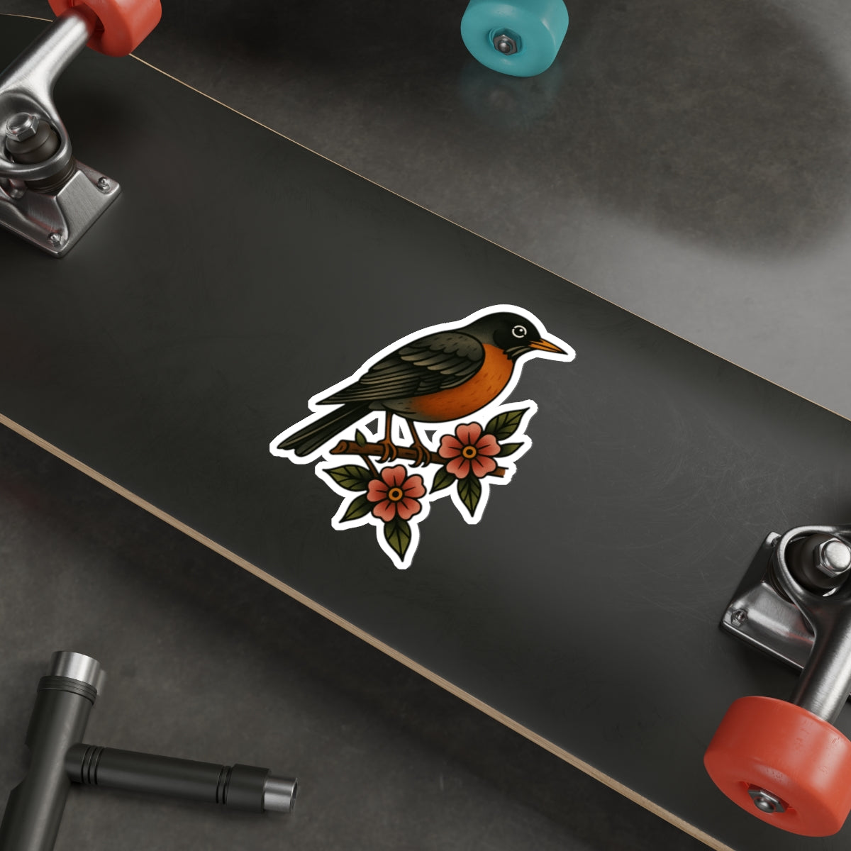 Robin and Flowers Tattoo Sticker – Traditional Bird Vinyl Decal