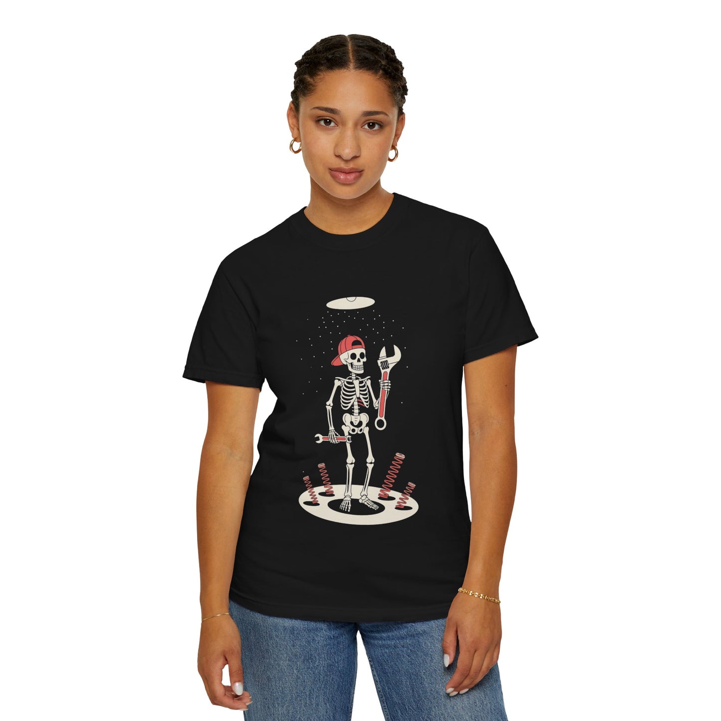 UFO Mechanic Skeleton Tee – Alien Abduction Fixer Shirt