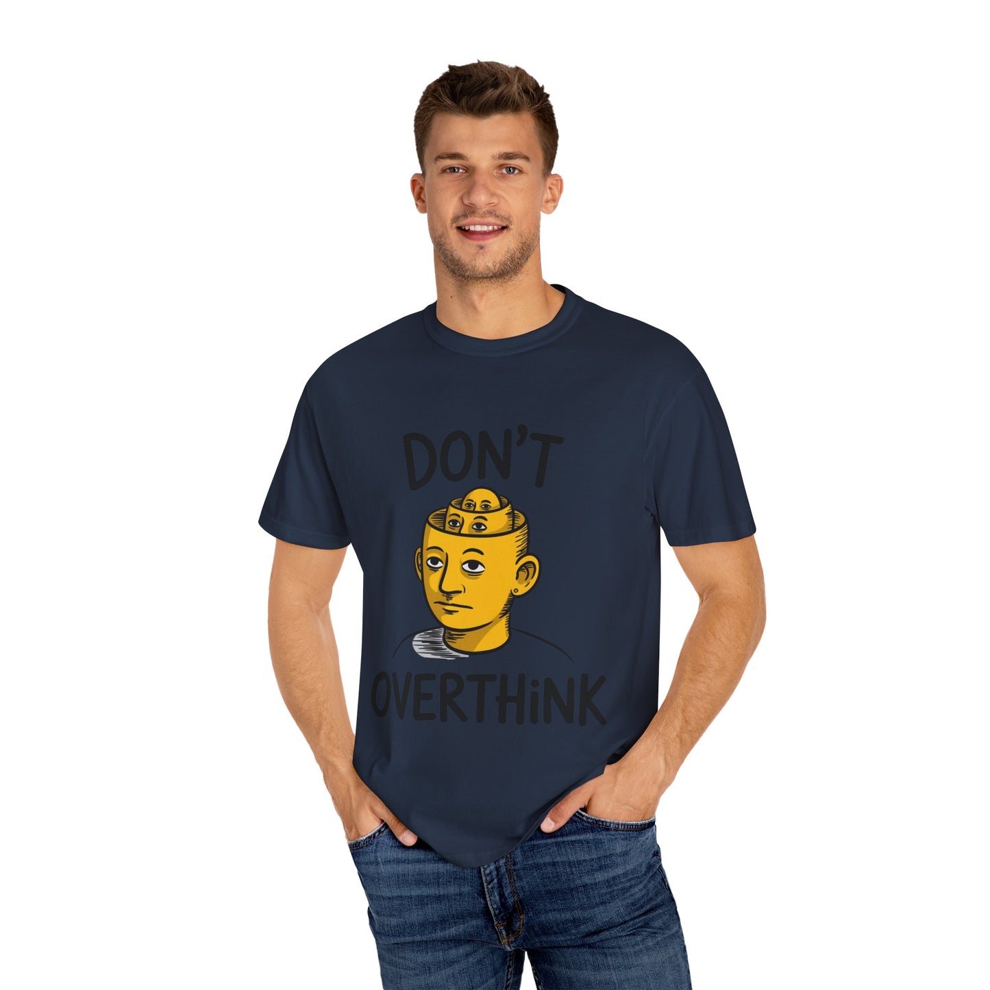 Don’t Overthink It Tee – Surreal Head Illustration Shirt