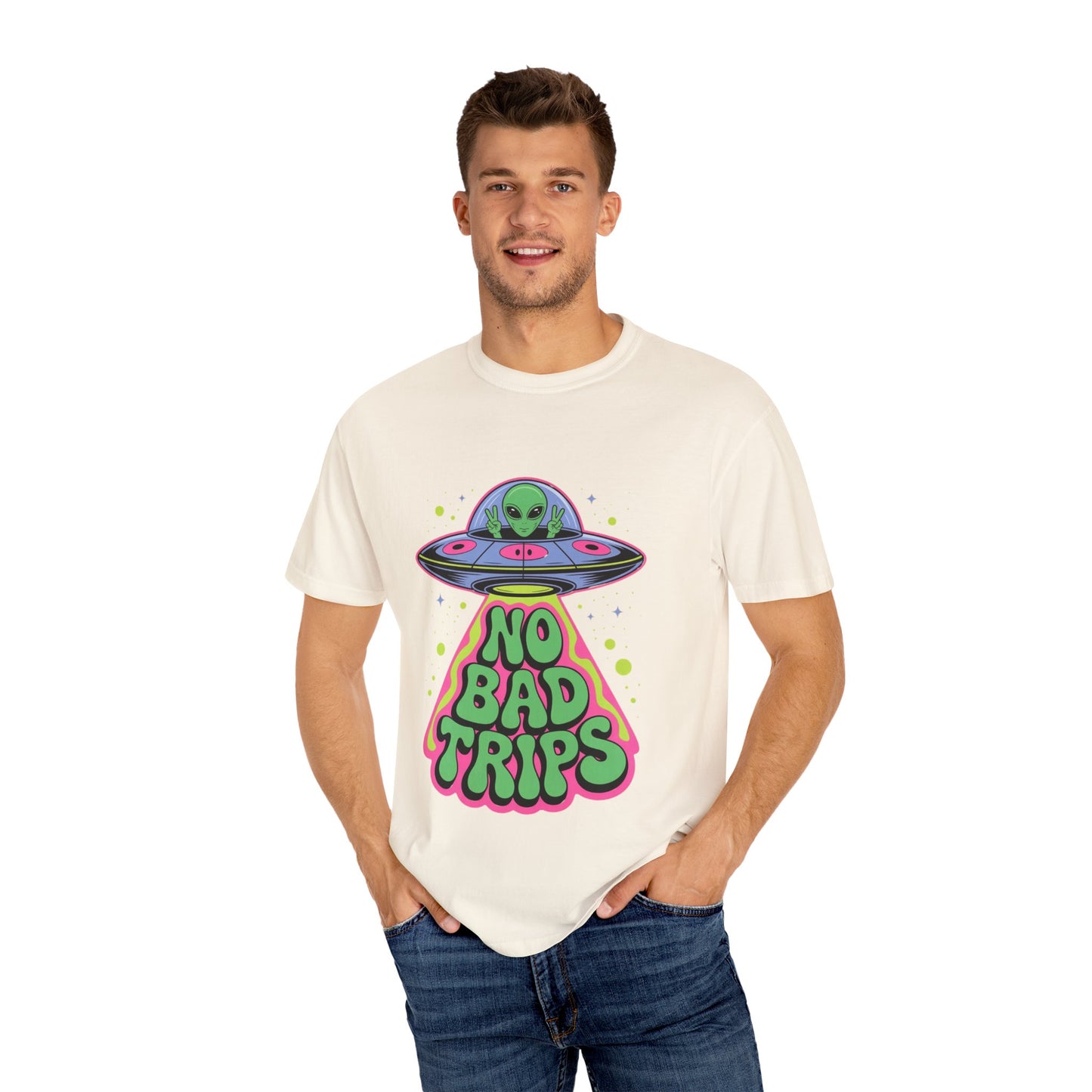 No Bad Trips Alien Tee – Psychedelic UFO Comfort Colors Shirt