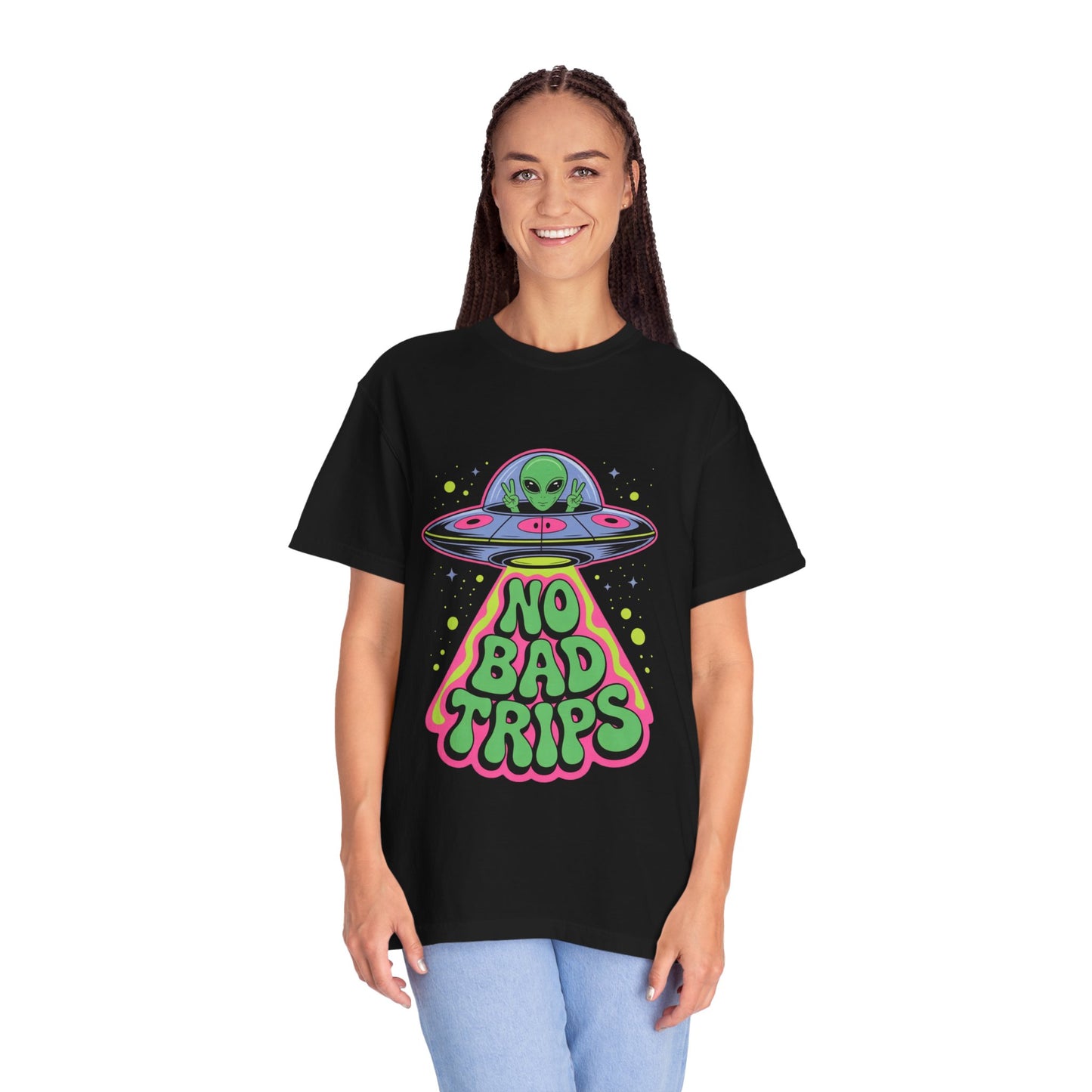 No Bad Trips Alien Tee – Psychedelic UFO Comfort Colors Shirt