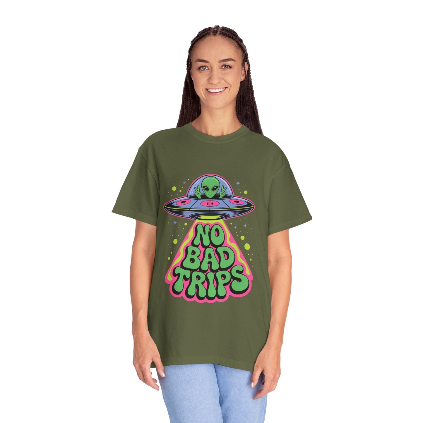 No Bad Trips Alien Tee – Psychedelic UFO Comfort Colors Shirt