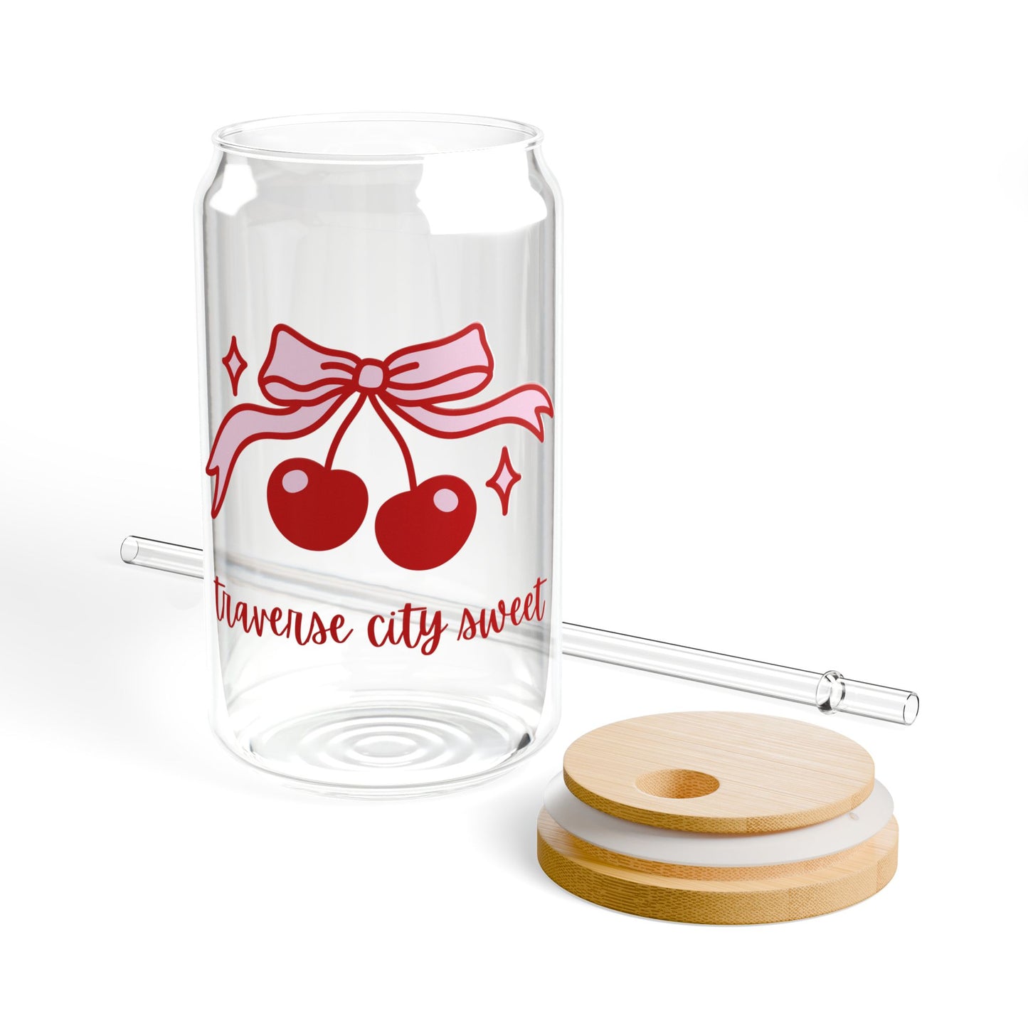 Traverse City Sweet Glass Cup โ Cherry & Pink Bow Iced Coffee Cup for Women, Bachelorette & Michigan Gift
