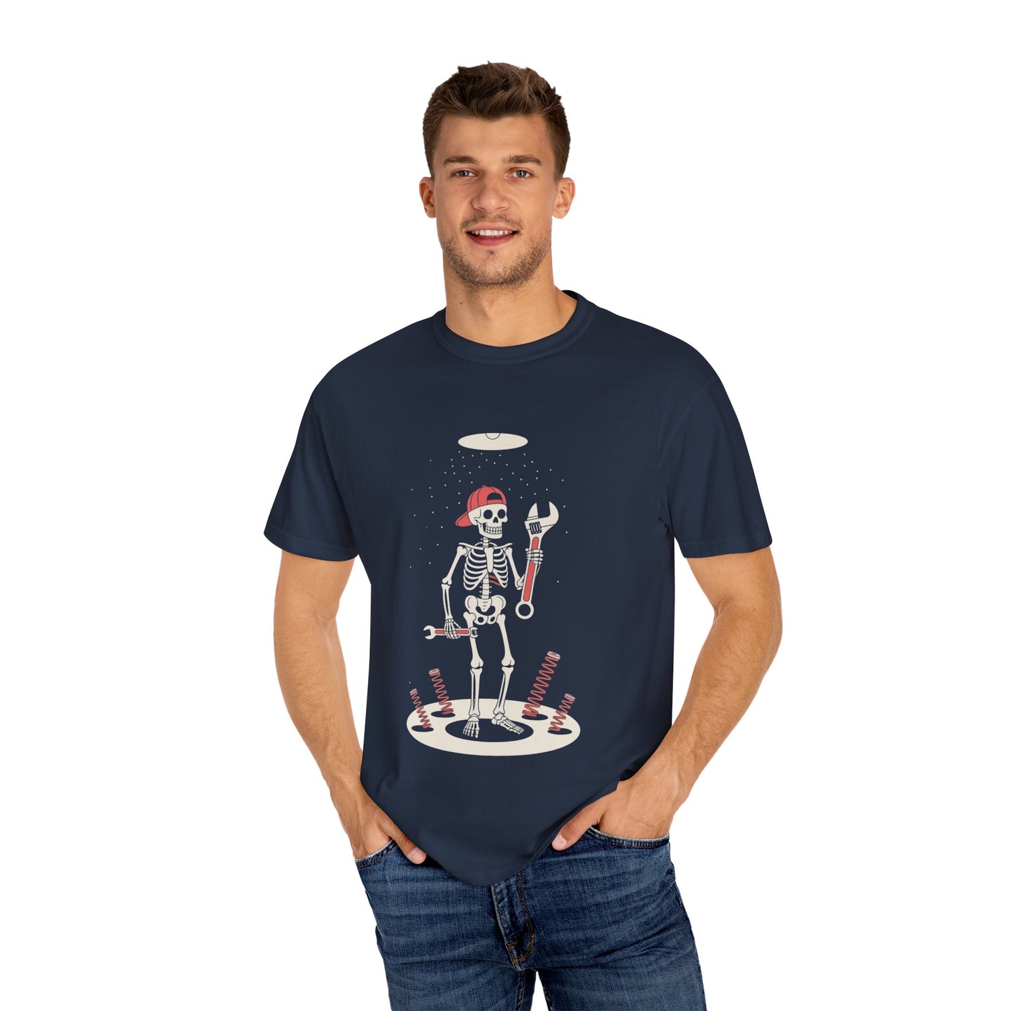 UFO Mechanic Skeleton Tee – Alien Abduction Fixer Shirt