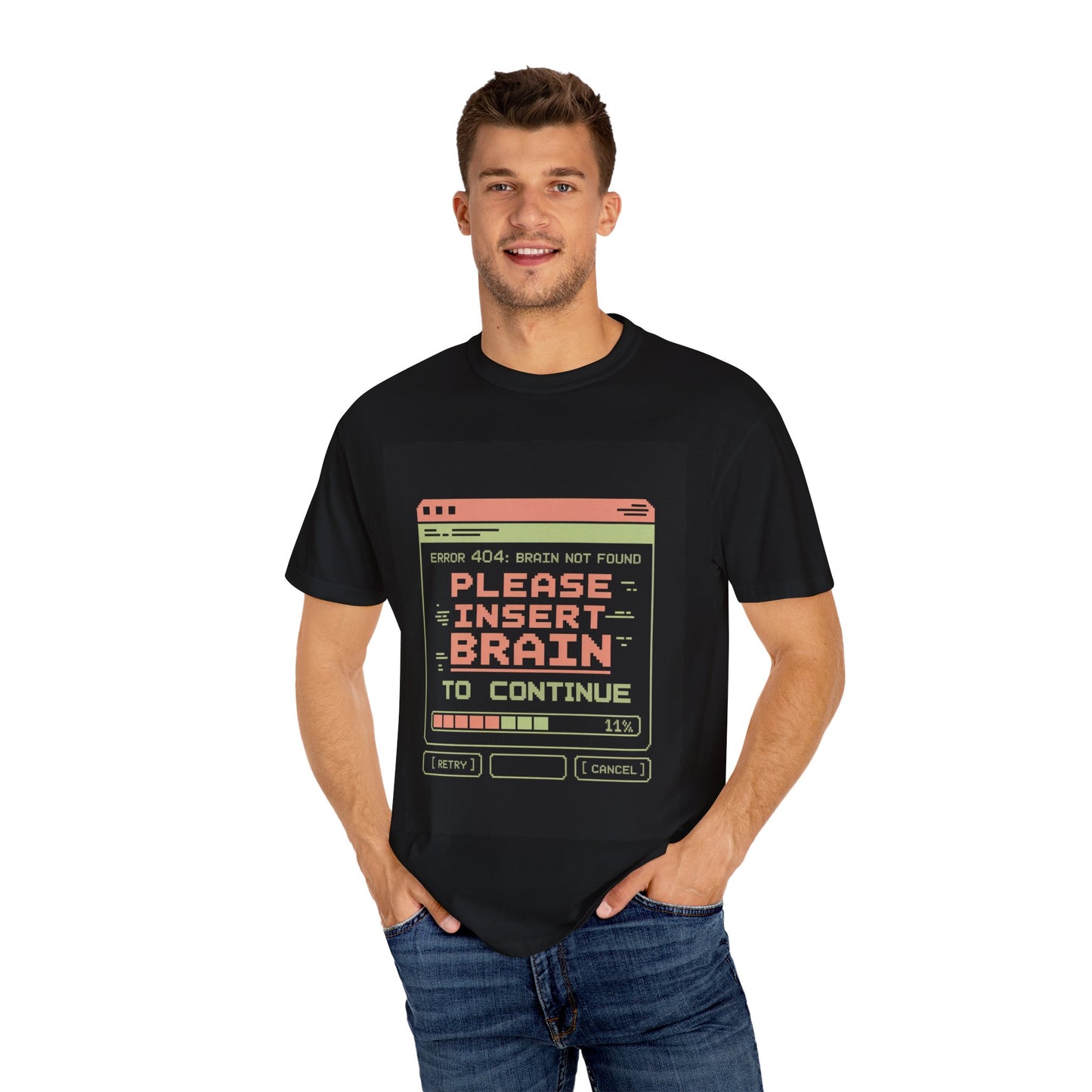Insert Brain to Continue Tee – Retro Error Message Pixel Shirt