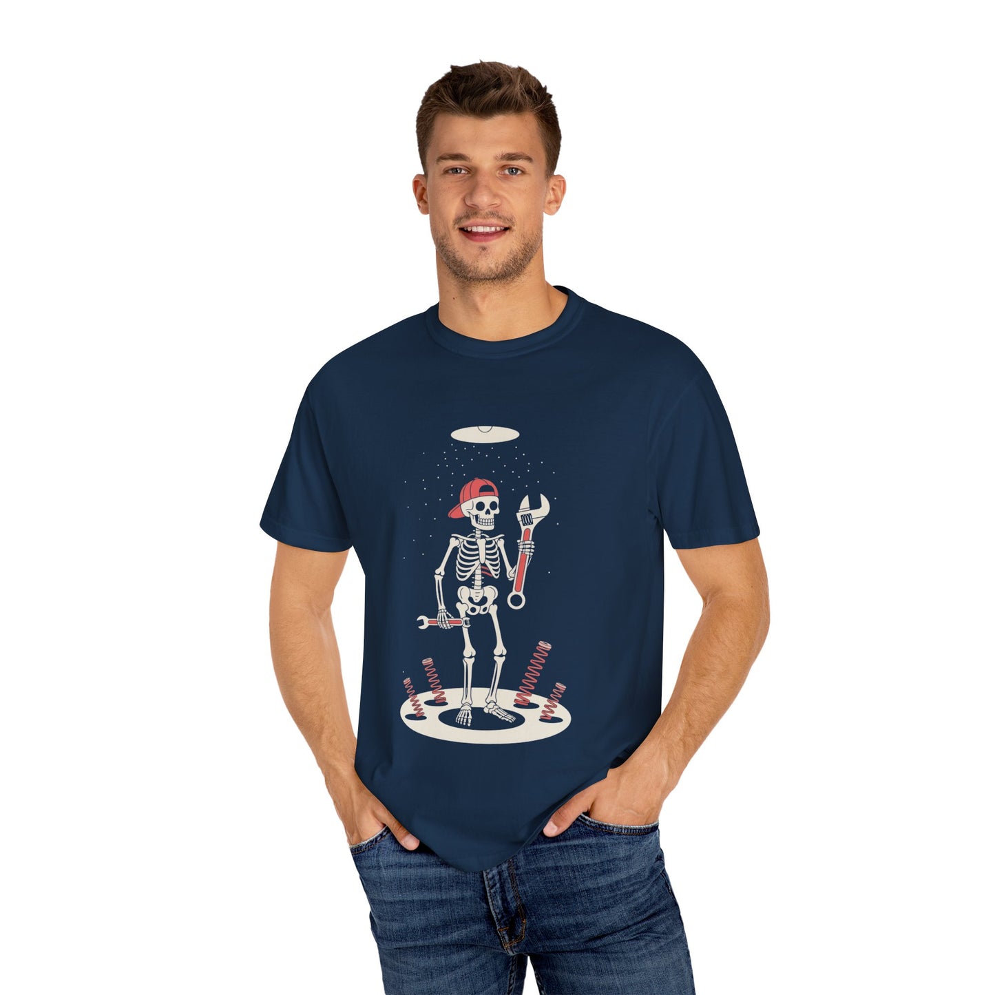 UFO Mechanic Skeleton Tee – Alien Abduction Fixer Shirt