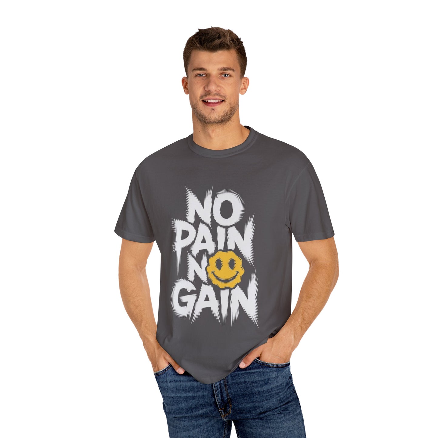 No Pain No Gain Tee – Bold Smiley Face Workout Shirt