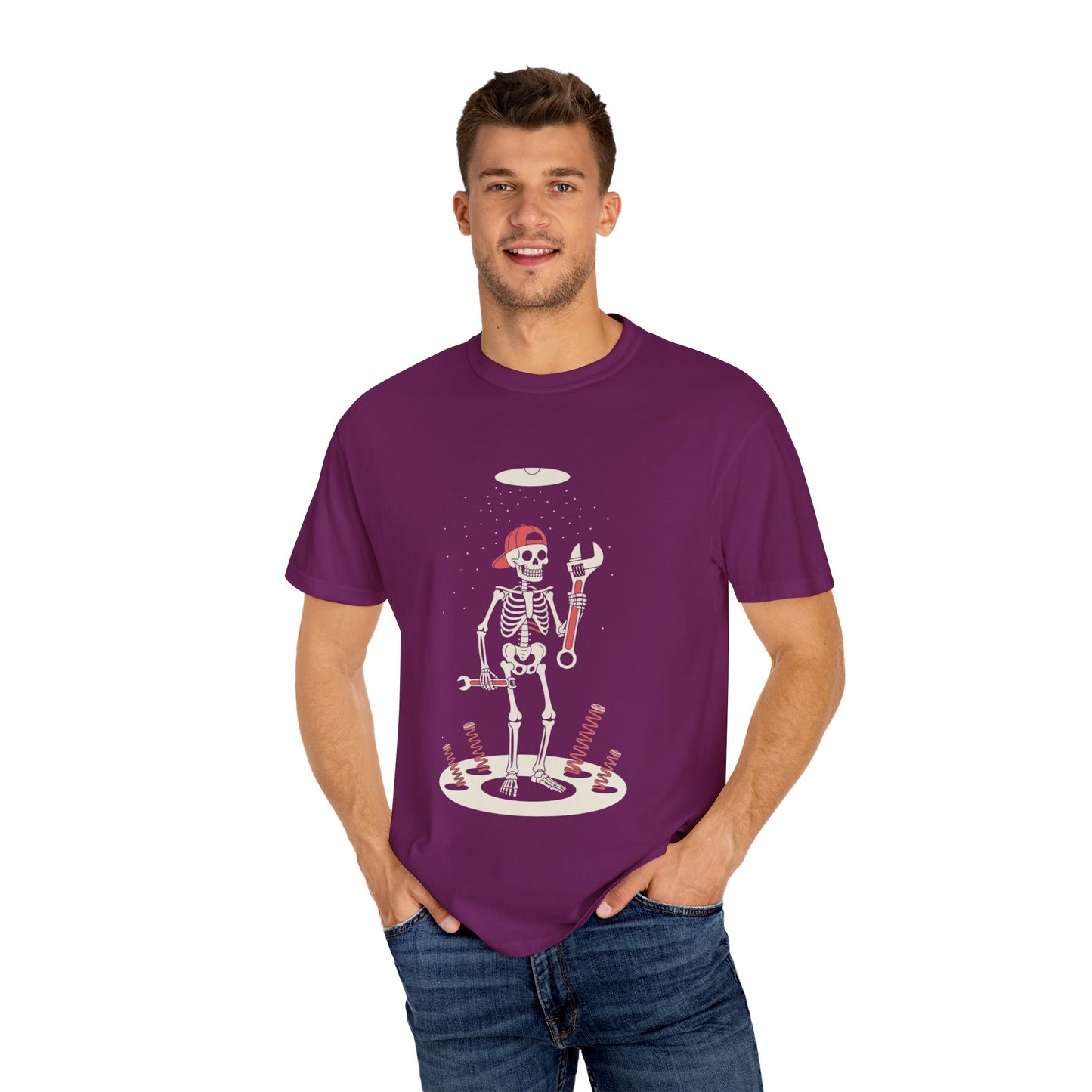 UFO Mechanic Skeleton Tee – Alien Abduction Fixer Shirt