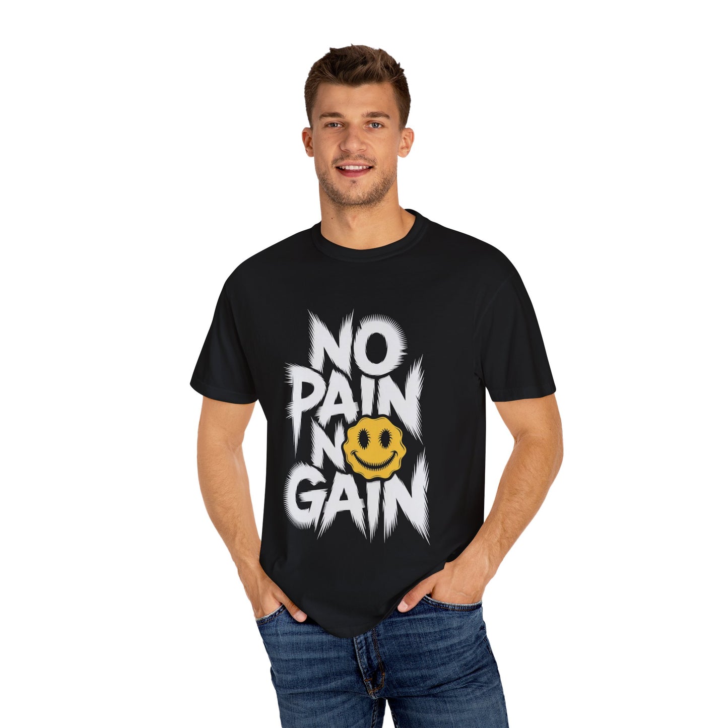 No Pain No Gain Tee – Bold Smiley Face Workout Shirt