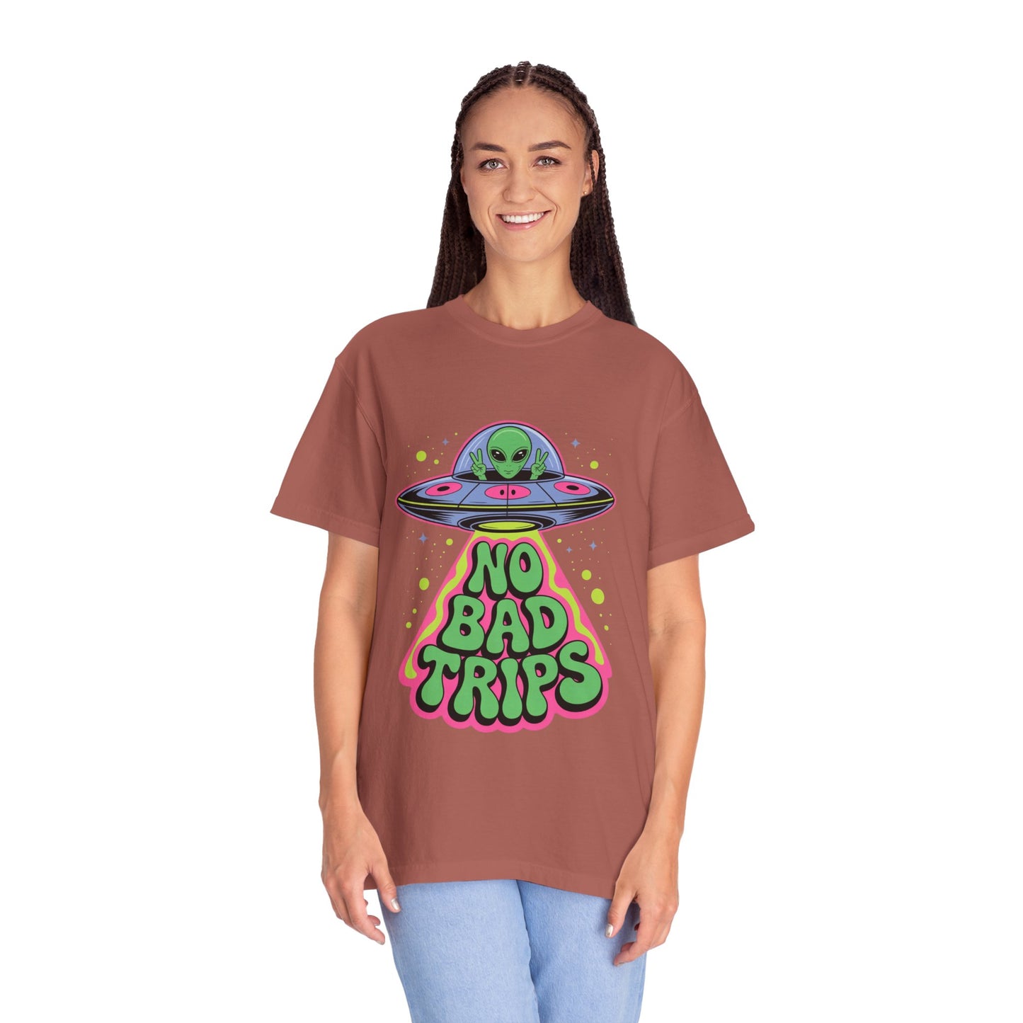 No Bad Trips Alien Tee – Psychedelic UFO Comfort Colors Shirt